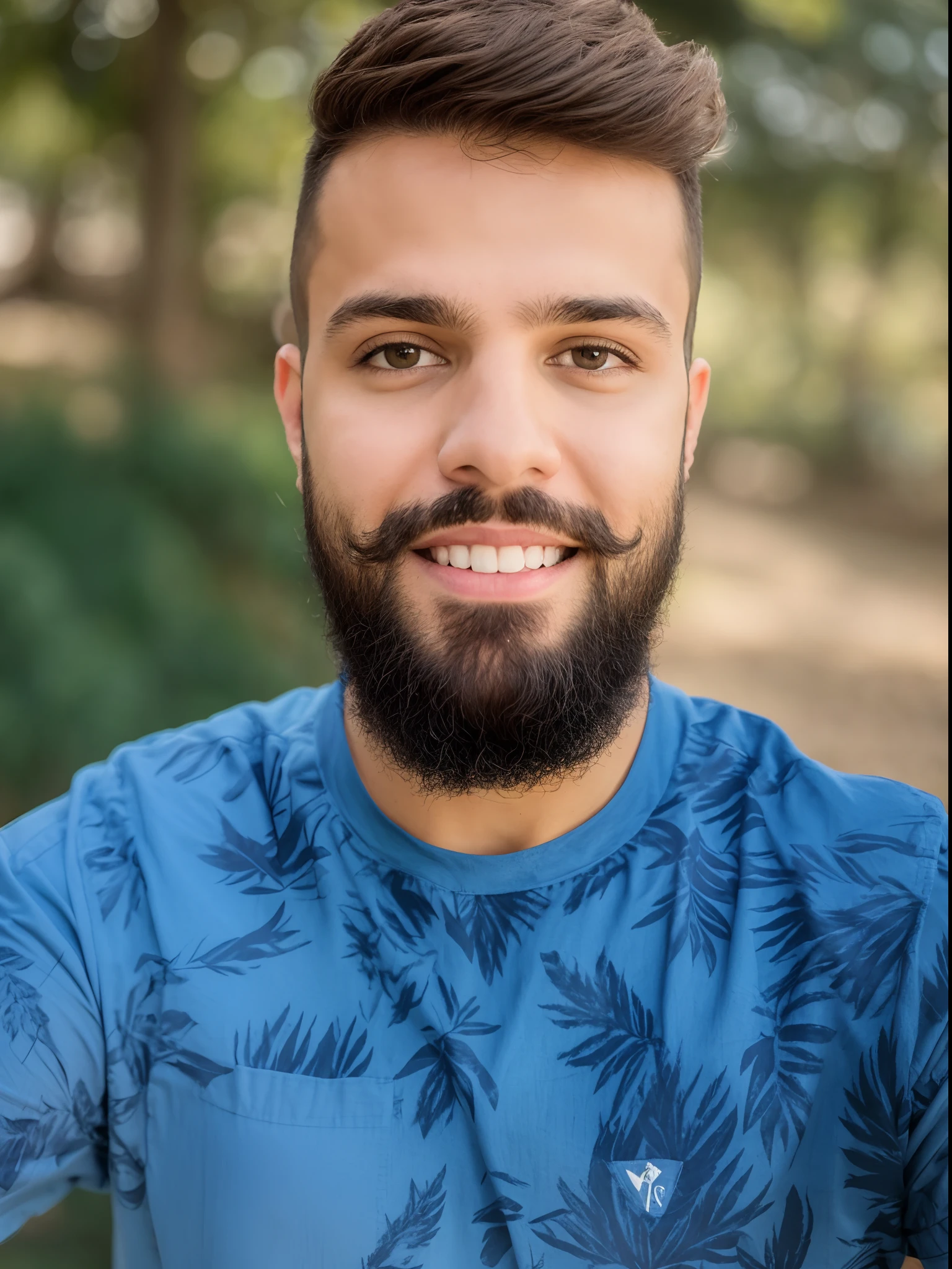 there is a man with a beard and a blue shirt on, em frente a um fundo de floresta, Fotografia selfie 8k, Retrato tirado 8 K, icaro carvalho, Retrato Grande Angular, retrato de alta qualidade, Retrato Grande Angular, caio santos, foto de perfil profissional, Jovem espanhol, com uma barba pequena, com um parque ao fundo