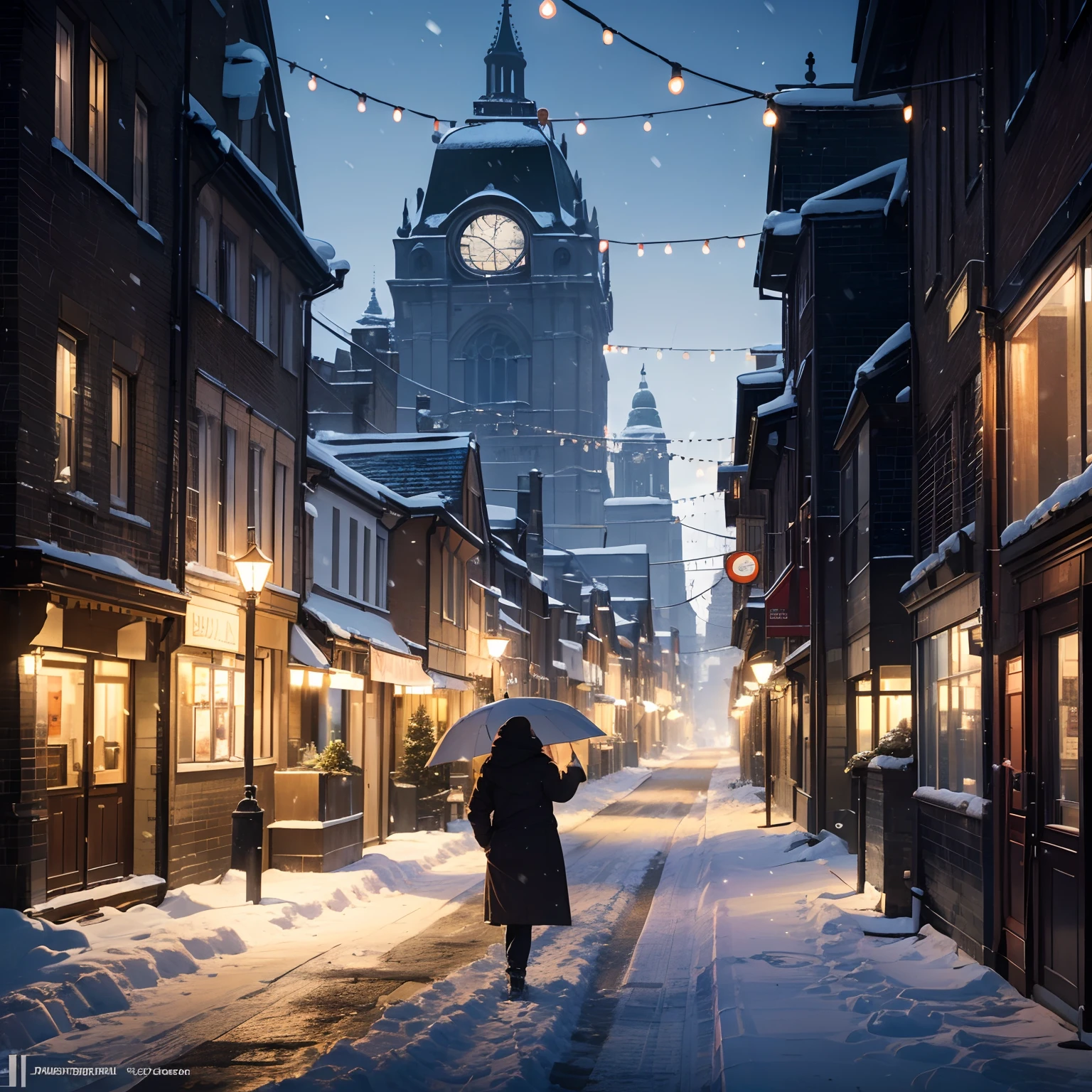 (best quality,4k,8k,highres,masterpiece:1.2),ultra-detailed,(realistic,photorealistic,photo-realistic:1.37),bright cityscape,serene atmosphere,ethereal,soft colors,crisp edges,romantic mood,vibrant lights,majestic architecture,peaceful vibe,gentle snowfall,nighttime beauty,dreamlike ambiance,glistening rooftops,immaculate streets, illuminated facades,tranquil streets,empty roads,captured in winter,London-inspired,charming alleys,wide squares,snow-covered trees,undisturbed footsteps,quiet and serene,tall buildings,picturesque skyline,enchanted atmosphere