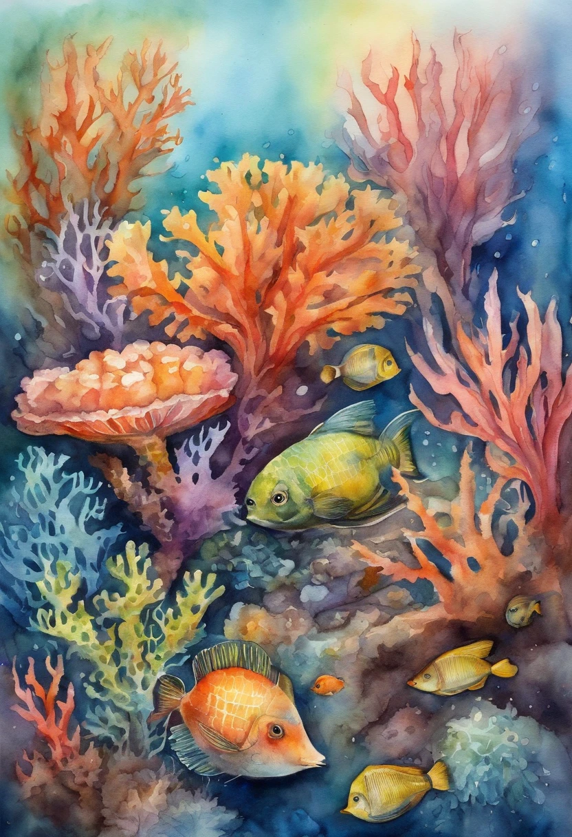 Underwater ocean reefs with corals, fish and jellyfish