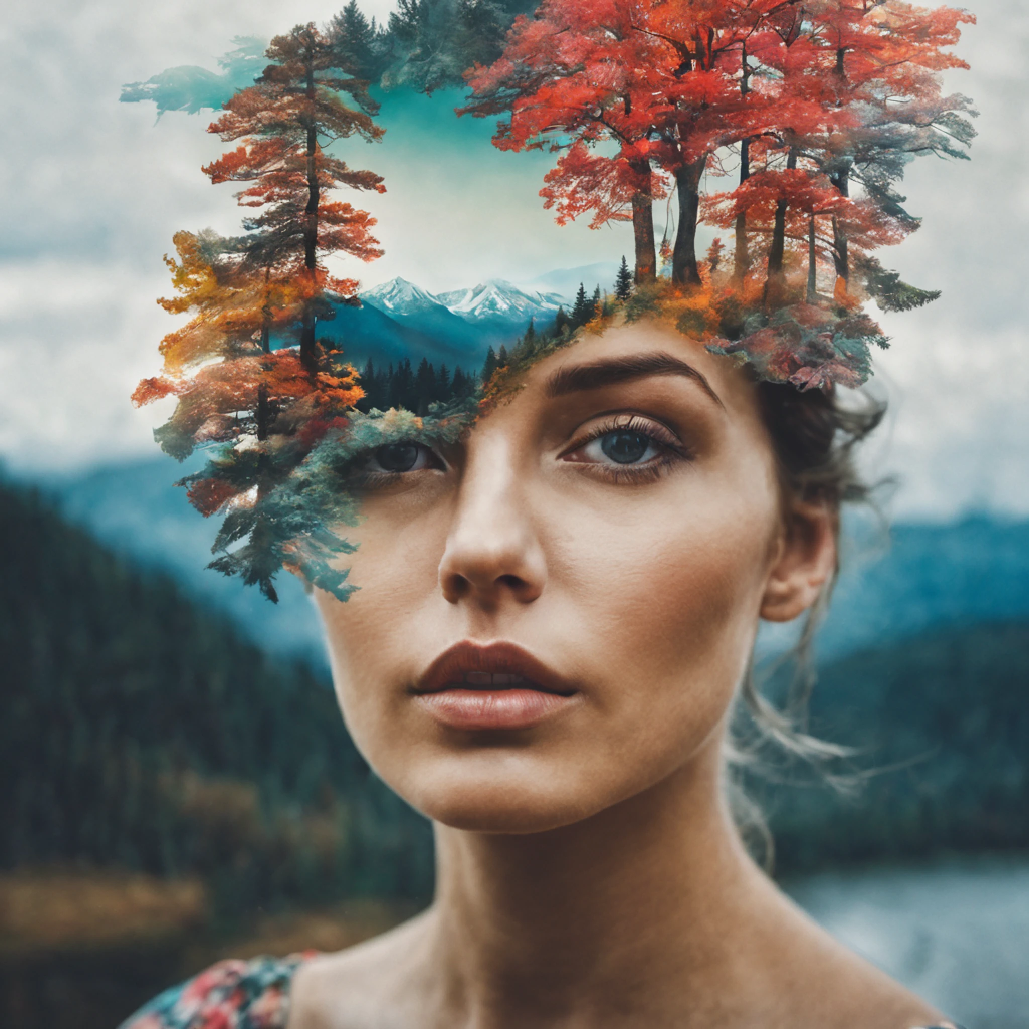 double exposure photography portrait, multiple exposure photography, vibrant, nature, surreal art, realistic, art photography, perfect composition