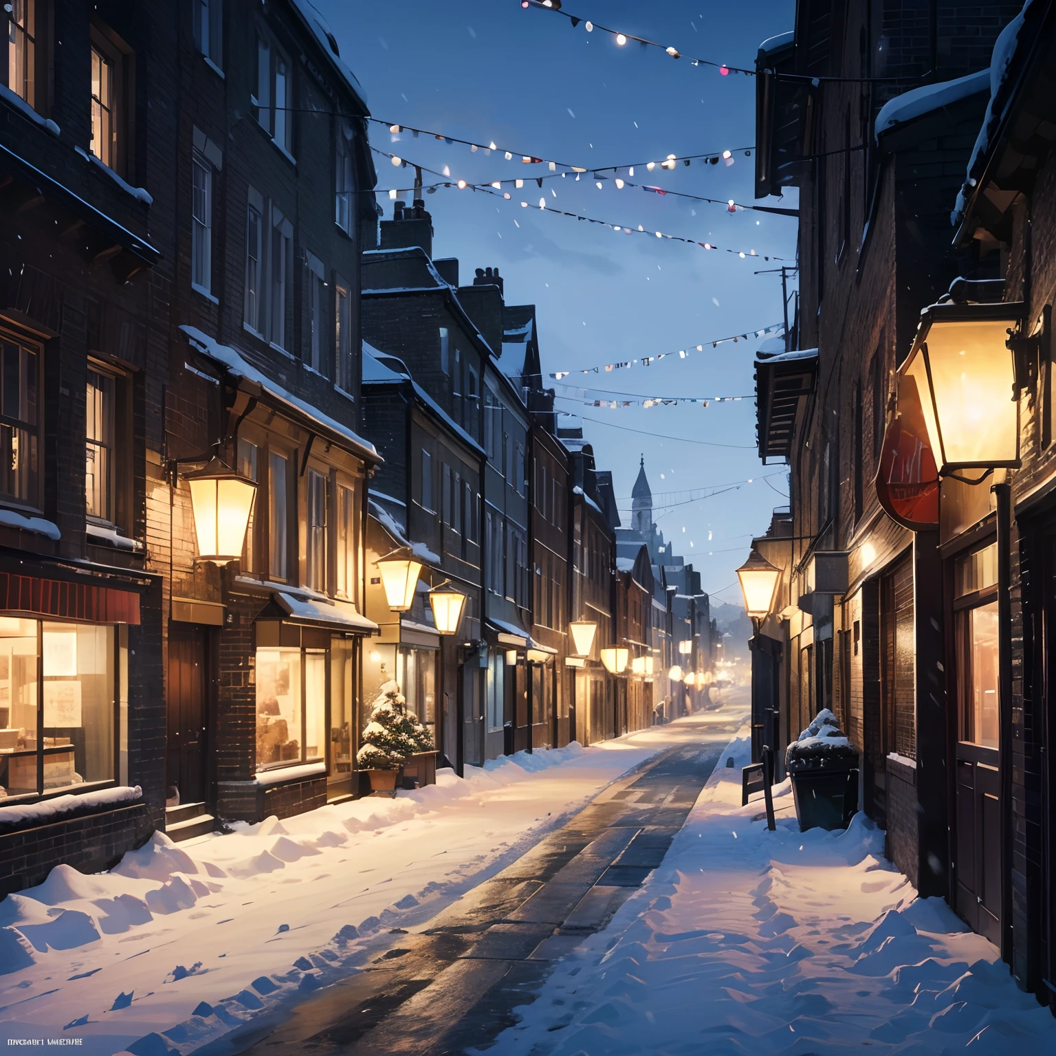 (best quality,4k,8k,highres,masterpiece:1.2),ultra-detailed,(realistic,photorealistic,photo-realistic:1.37),bright cityscape,serene atmosphere,ethereal,soft colors,crisp edges,romantic mood,vibrant lights,majestic architecture,peaceful vibe,gentle snowfall,nighttime beauty,dreamlike ambiance,glistening rooftops,immaculate streets, illuminated facades,tranquil streets,empty roads,captured in winter,London-inspired,charming alleys,wide squares,snow-covered trees,undisturbed footsteps,quiet and serene,tall buildings,picturesque skyline,enchanted atmosphere