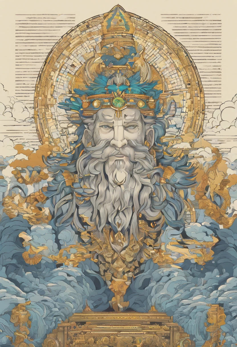 best qualtiy，hyper-detailing，realisticlying：1.37，sportrait，whaite hair，Zeus with mature face，[strong，The cleavage protrudes，musculous]，[wisdom，powerful，A majestic]，[A deep，sharp sharp eyes]，[A majestic，Flowing beard]，[The cleavage protrudes，defined cheekbones]，[Homem-Imponente，Imperial expression]，[A god-like aura]，Stormy weather，thunderclap，mostly cloudy sky，Ancient Greek mythology，God and the divine ruler of man，Rule the heavens，[gold crown，Shines with the light of authority]，[robe，Fluttering in the wind]，[Thunderous sound，Echoes in the sky]，mountain peaks，Olive wreath，Marble Temple，eletric，strength，All-knowing and all-powerful God，Contrasting shades，Dark lines，Subtle color palette，mythological creatures，Salama，destructive forces，Nature's wrath，Heavenly，immortal，Wisdom and justice，Looking down on the mortal world，Instill fear and awe，Father of the gods，brightly、Vibrant skies，Holding a scepter，Exudes raw power and dominance，Almighty ruler of Mount Olympus，Very much like a wise and powerful king，The divine light illuminated his existence，Thunderous sound，Roaring like thunder，An aura of overwhelming strength and wisdom，The overall color changes to blue，Standing in the middle of the sea