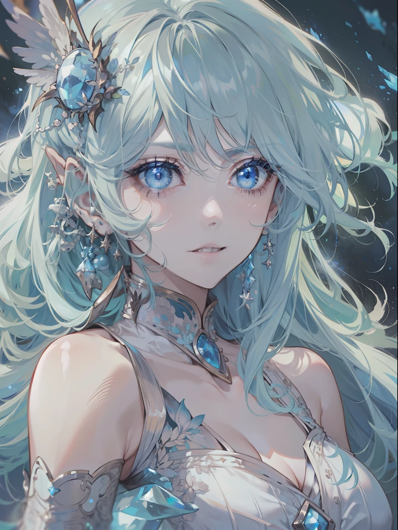 portrait of an ice elf, ice around, frosty theme, shiny yellow eyes, light cold smile, arrogant facial expression, sexy Russian style costume, Blue crystal jewelry, icy blue glowing tattoos,Detailed,Realistic,4k highly detail,by Mappa studios,masterpiece,best quality,official art,illustration,ligne claire,(cool_color),perfect composition,fantasy,focused,rule of third