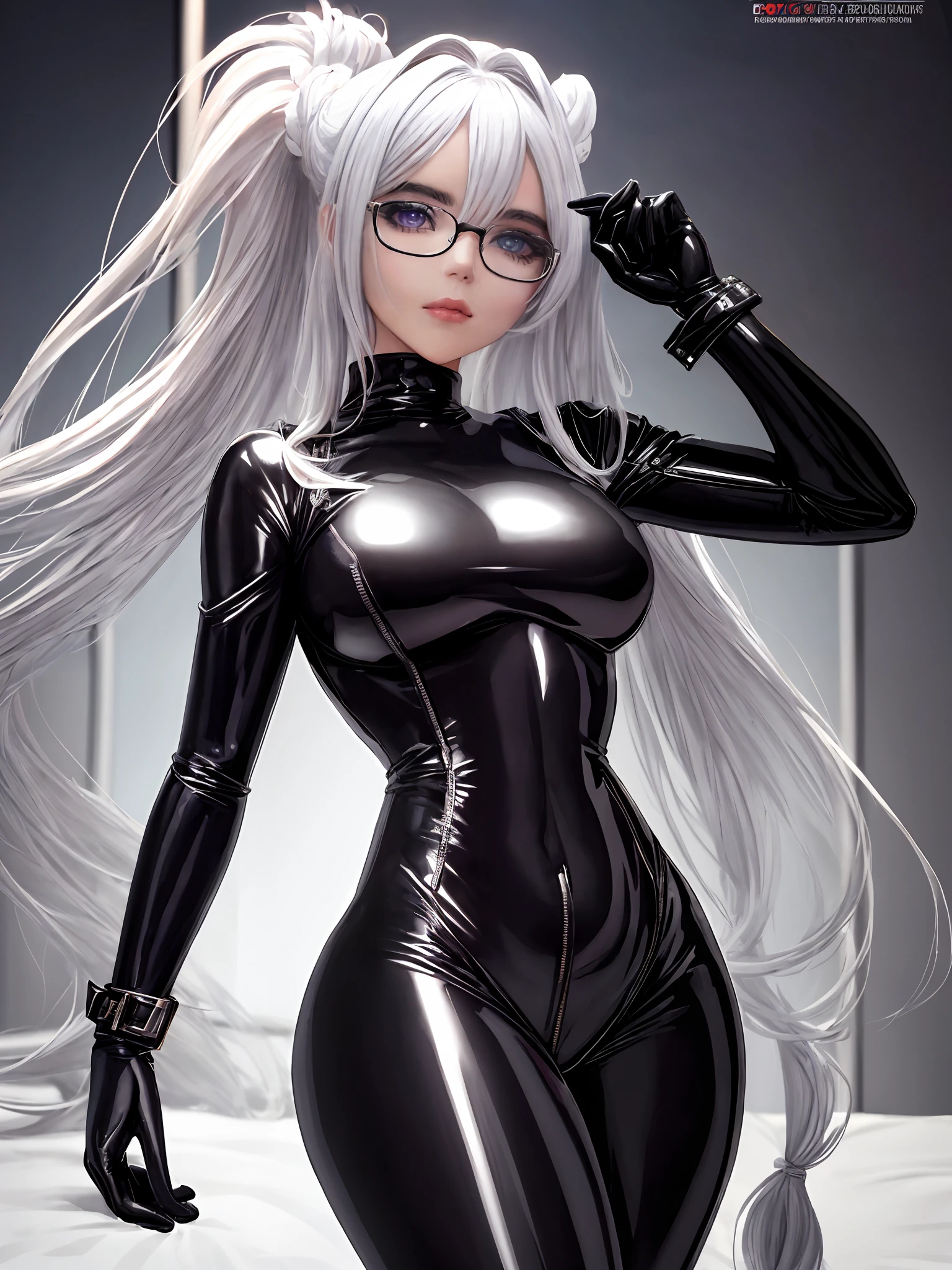 una chica con gafas negras, hermoso pelo blanco, with leather whip, sin orejas de gato, illustration, maquillada, labios rojos, Ultra detallado,profesional,Altas Resoluciones,fotorrealista, colores vibrantes,retrato,Soft lighting, hermosos ojos detallados,pupilas brillantes,(muy fino y hermoso),(Beautiful and detailed eye description),Ultra - detallado,tmasterpiece