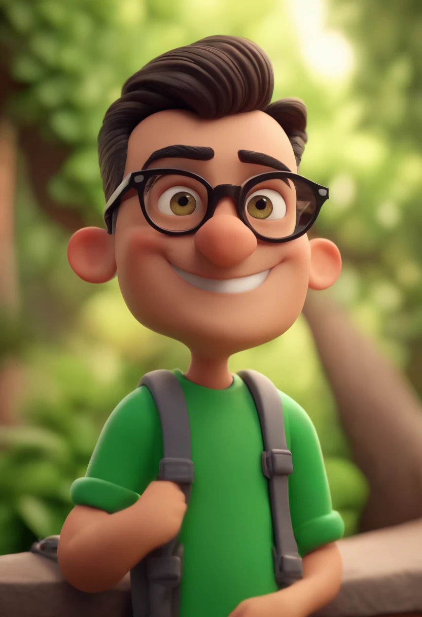 Cartoon character of a man with black glasses and a green shirt, barba feita, animation character, Caractere estilizado, animation style rendering, 3D estilizado, Arnold Maya render, 3 d render stylized, toon render keyshot, Personagem 3D, Personagem 3D, 3d rendering stylized, 3 d character render, personagem de desenho animado, Personagem de close up, Pose de personagem,  (Estilo Pixar) (master part:1.2) (Bokeh) (best quality) (pele detalhada) (textura detalhada) (8k) (argila) (Cinematic lighting) (foco nítido