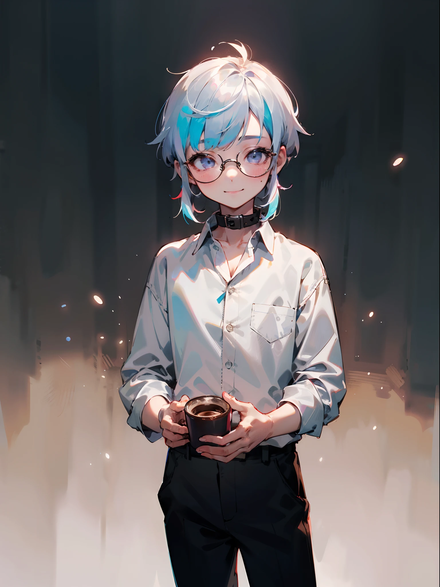 Male child, eye glasses,Cowboy Shots,A smile, silber hair，Daytime，Iridescent background，1girl in, Gawr Gura, A detailed eye, coffee shop, portlate, buttoning, white  shirt, shirt with collar, Black pants, volume illumination