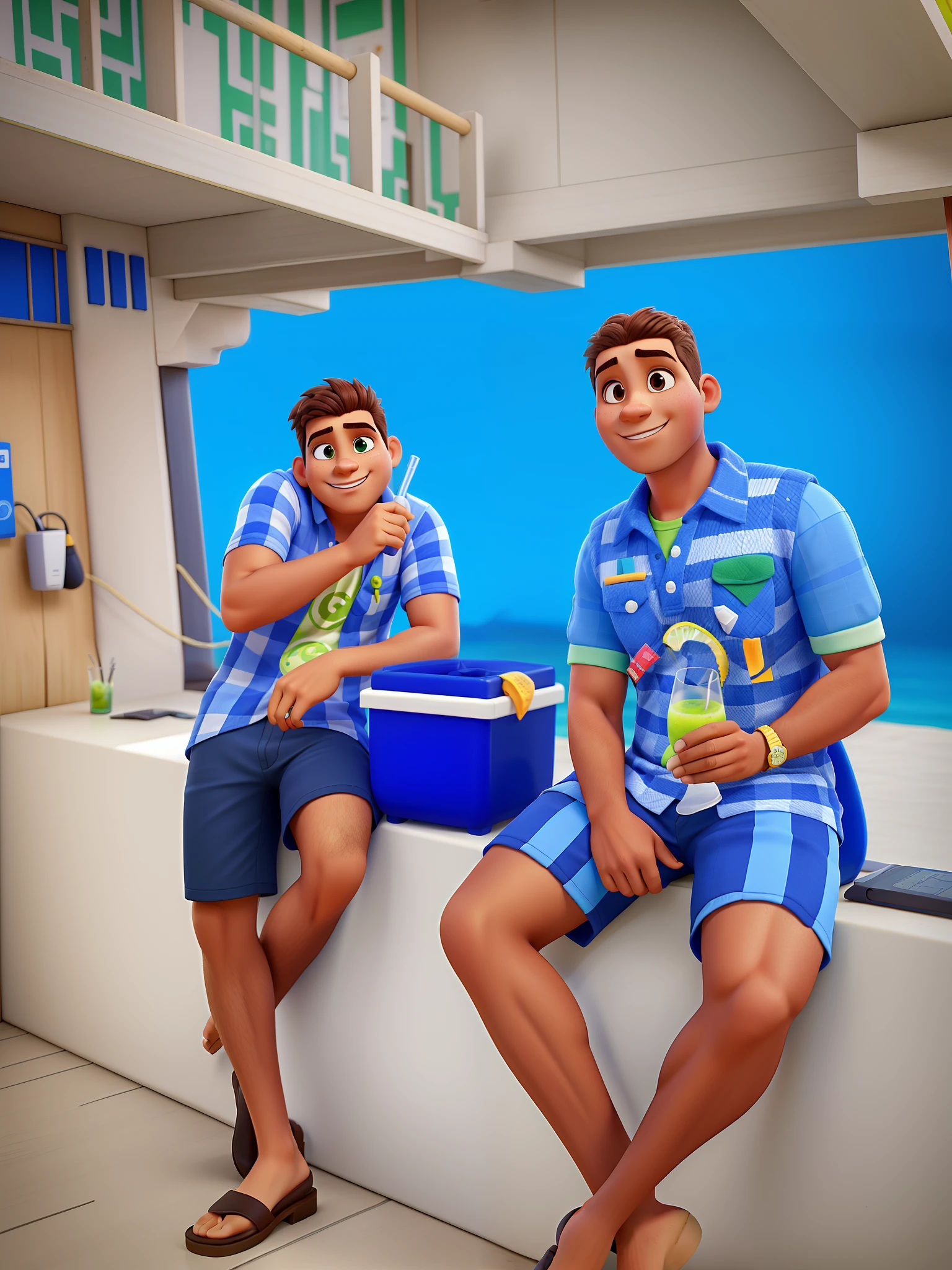 Imagem estilo pixel, dois primos morenos de cabelo curto, de chinelos, bebendo juntos uma caipirinha, in Mozambique high quality, melhor qualidade
