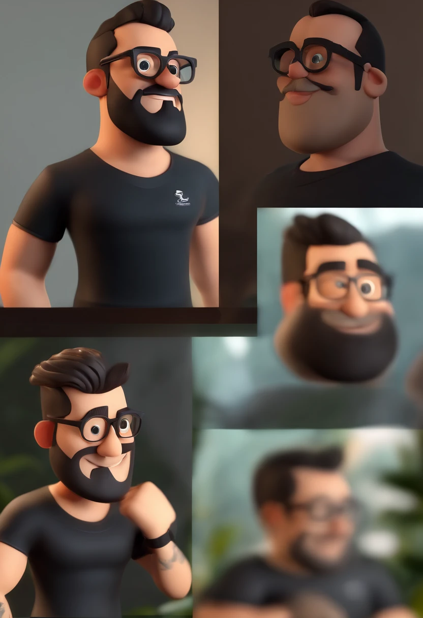 Cartoon character of a man with black glasses and a black polo shirt, cabelo liso, With beard and old school tattoo on his arm, animation character, Caractere estilizado, animation style rendering, 3D estilizado, Arnold Maya render, 3 d render stylized, toon render keyshot, Personagem 3D, Personagem 3D, 3d rendering stylized, 3 d character render, personagem de desenho animado, Personagem de close up, Pose de personagem, (Estilo Pixar) (master part:1.2) (Bokeh) (best quality) (pele detalhada) (textura detalhada) (8k) (argila) (Cinematic lighting) (foco nítido