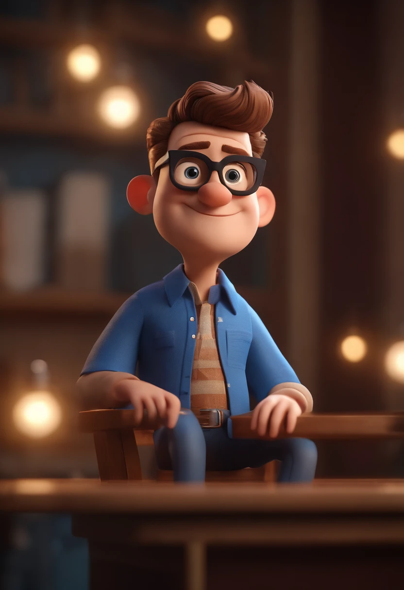 Cartoon character of a man wearing black glasses and a blue shirt, um personagem animado, Caractere estilizado, animation style rendering, 3D estilizado, Arnold Maya render, 3 d render stylized, toon render keyshot, Personagem 3D, Personagem 3D, 3d rendering stylized, 3 d character render, personagem de desenho animado, Personagem de close up, Pose de personagem, (Estilo Pixar) (master part:1.2) (Bokeh) (best quality) (pele detalhada) (textura detalhada) (8k) (argila) (Cinematic lighting) (foco nítido，Senta e vaza a parte superior do corpo