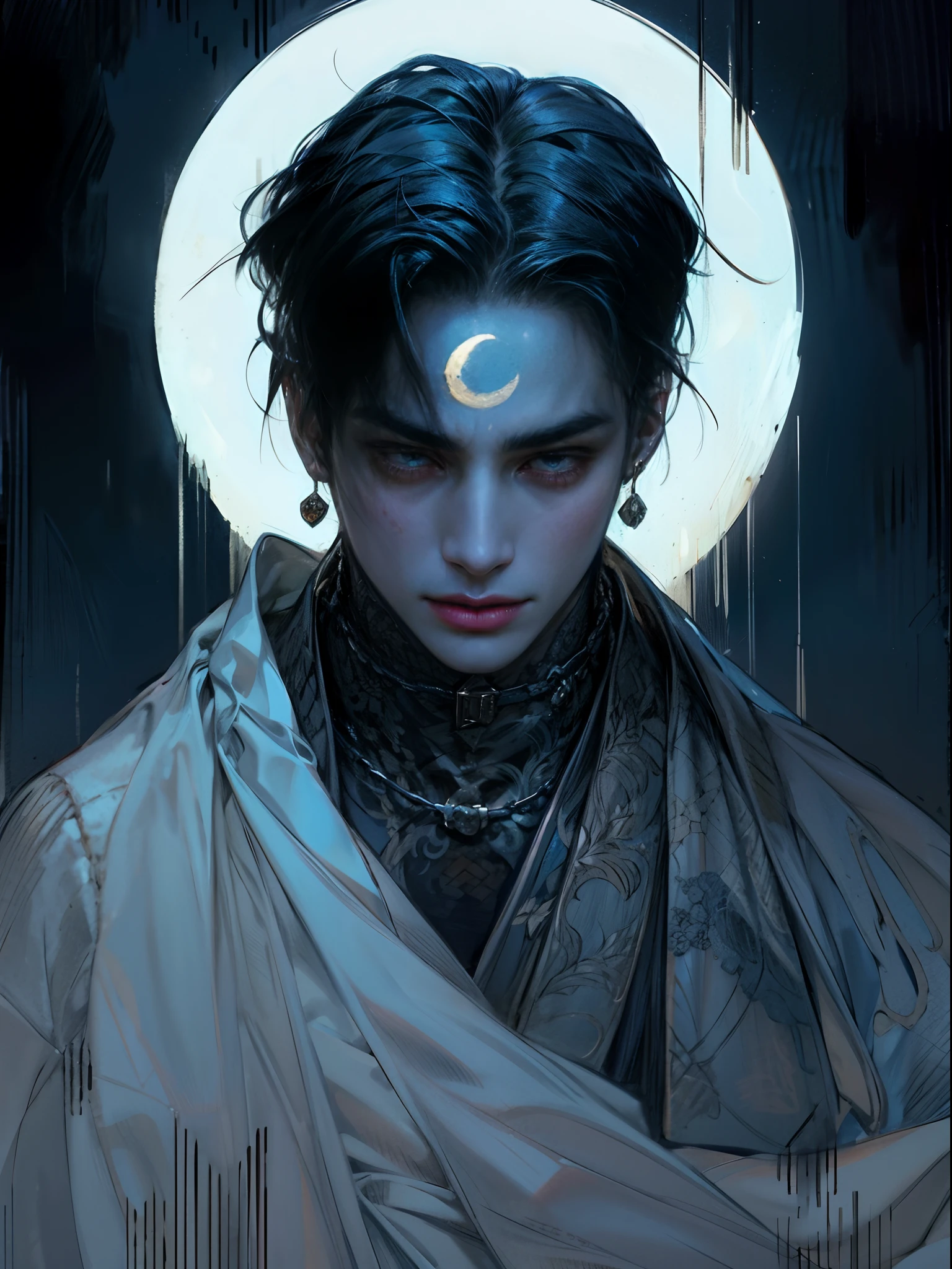 a close up of a person with a moon on their forehead, handsome guy in demon slayer art, by Tyler Jacobson, handsome japanese demon boy, blue tiefling, god of moon, caleb from critical role, charlie bowater art style, djinn human hybrid, neoartcore and charlie bowater, artwork in the style of guweiz, style of charlie bowater