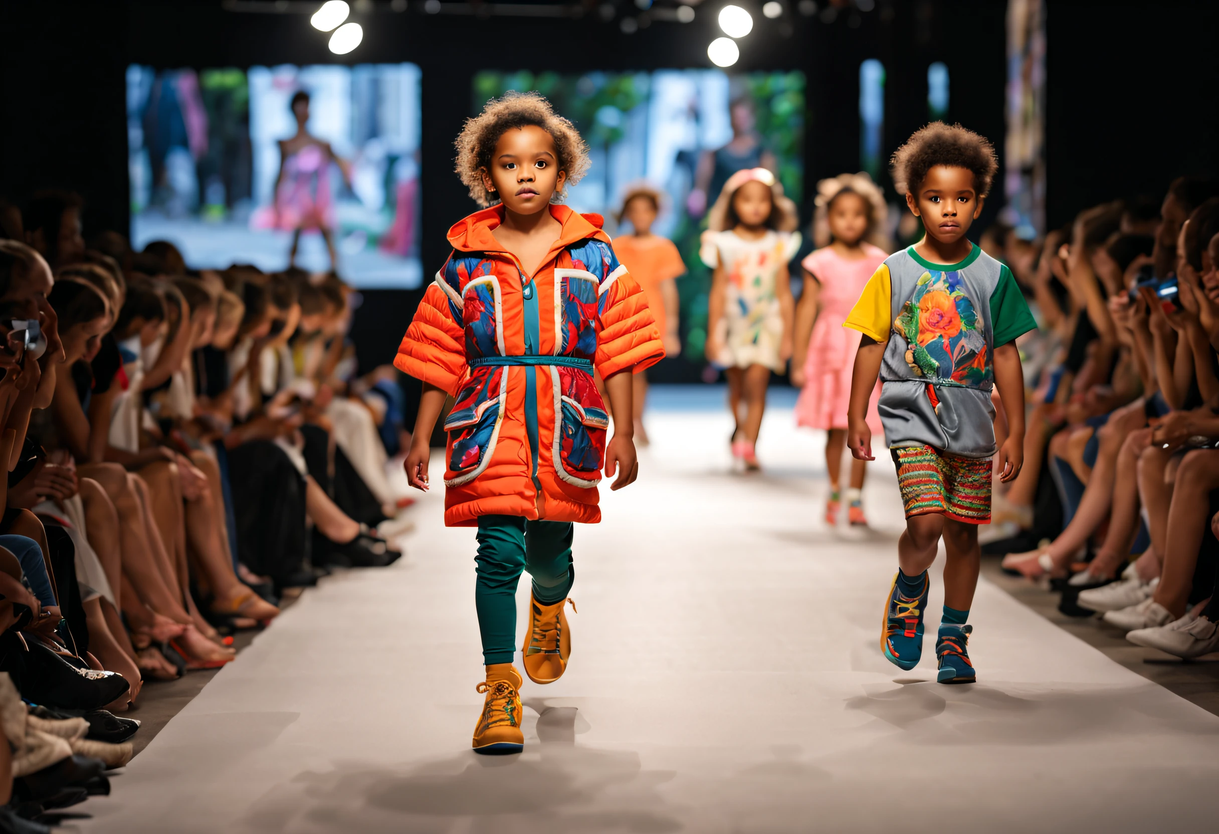 (best quality,4k,8k,highres,masterpiece:1.2),ultra-detailed,(realistic,photorealistic,photo-realistic:1.37),HDR,UHD,studio lighting,extreme detail description,professional,vivid colors,bokeh,catwalk,portraits
A group of children walking down a catwalk in a fashion show, showcasing their stylish outfits. The scene is captured with the best quality standards, ensuring 4k or 8k resolution and high-resolution details. The image is ultra-detailed and realistic, with a photorealistic appearance achieved through advanced rendering techniques. The use of HDR enhances the dynamic range, resulting in vibrant and lively colors. The studio lighting setup creates a professional and well-lit atmosphere, illuminating the scene with precision. Every aspect of the children's outfits, including fabric textures, embroidery, and patterns, is described with extreme detail. The children's lively expressions and confident postures reflect the energy and excitement of the fashion show. The emphasis is on capturing the children's individual personalities and unique styles, making it a set of captivating and artistic portraits. The overall color palette is carefully chosen to complement the fashion theme, incorporating a wide range of vivid colors. The lighting effects create subtle bokeh, adding depth and dimension to the image. This prompt aims to generate a masterpiece-quality image that showcases the beauty, creativity, and diversity of children in the fashion world.