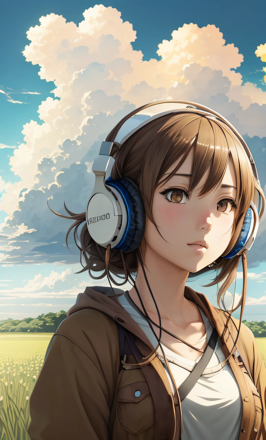 an anime girl wearing headphones and standing in a field, in the style of realistic hyper-detailed portraits, cabincore, earthy colors, ambitious, dinopunk, atmospheric clouds, bold, manga-inspired characters