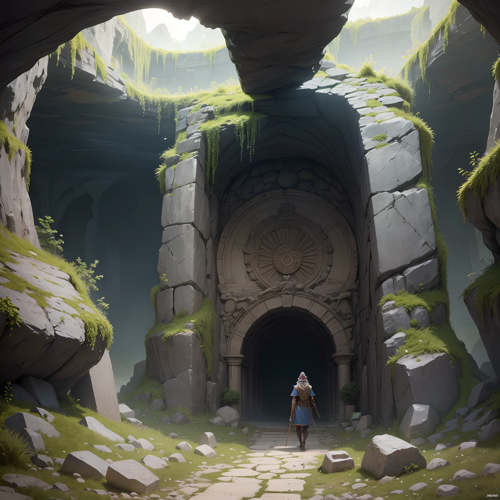 imagine a Rocky cave tomb of a viking squad with a burial chamber inside, lot of skeleton have a board with letters in the order V, I, K, I, N, G, 👽 T, A, L, E --auto --s2