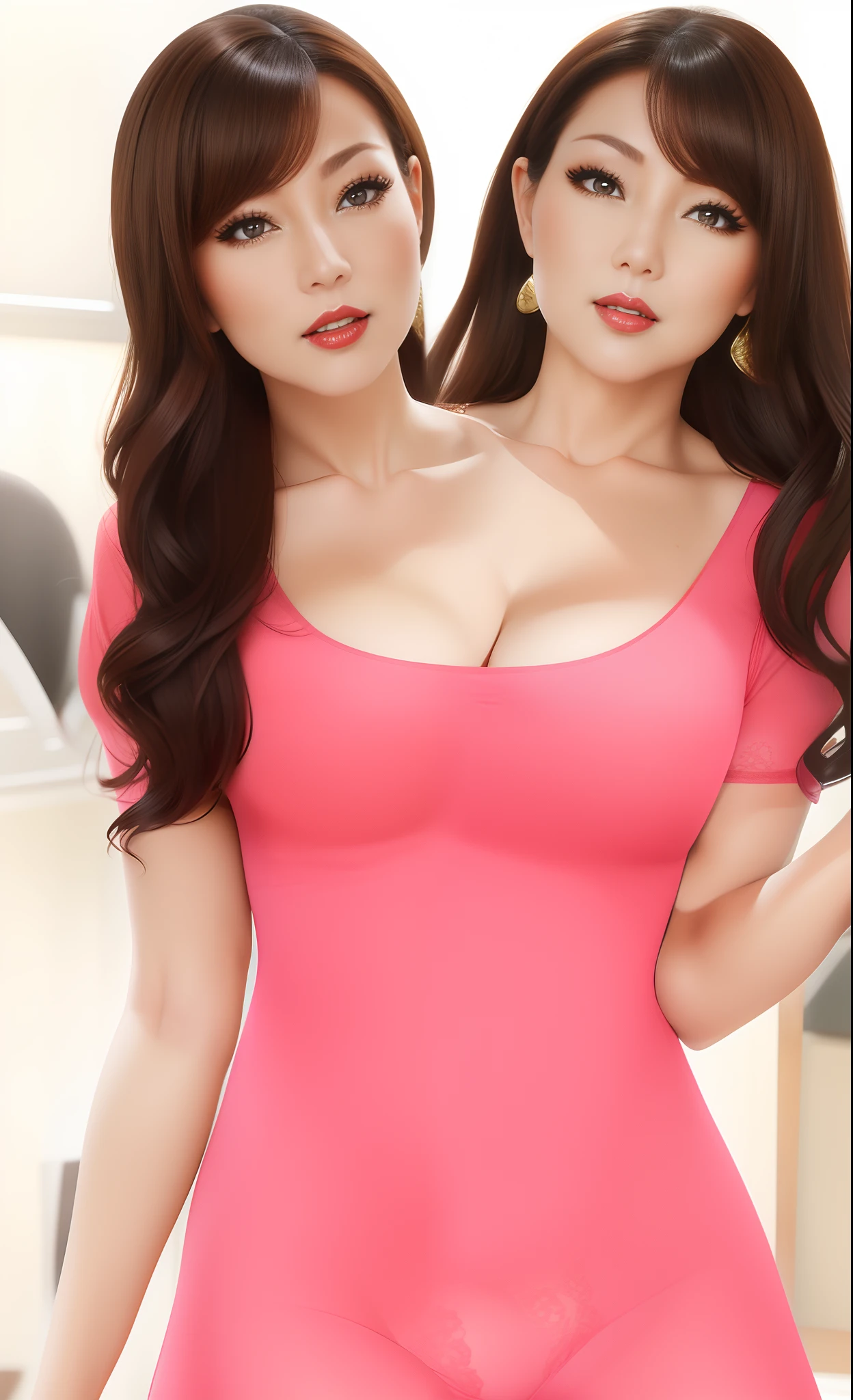 2 heads,Photo of a 50-year-old woman with brown hair, a captivating gaze, Brown eyes, Wrinkles on her face, Black pantyhose,Black High Heel Boots,She wears very sexy lingerie underwear、、Revealing her large sagging breasts, Light makeup and red lips. 32K