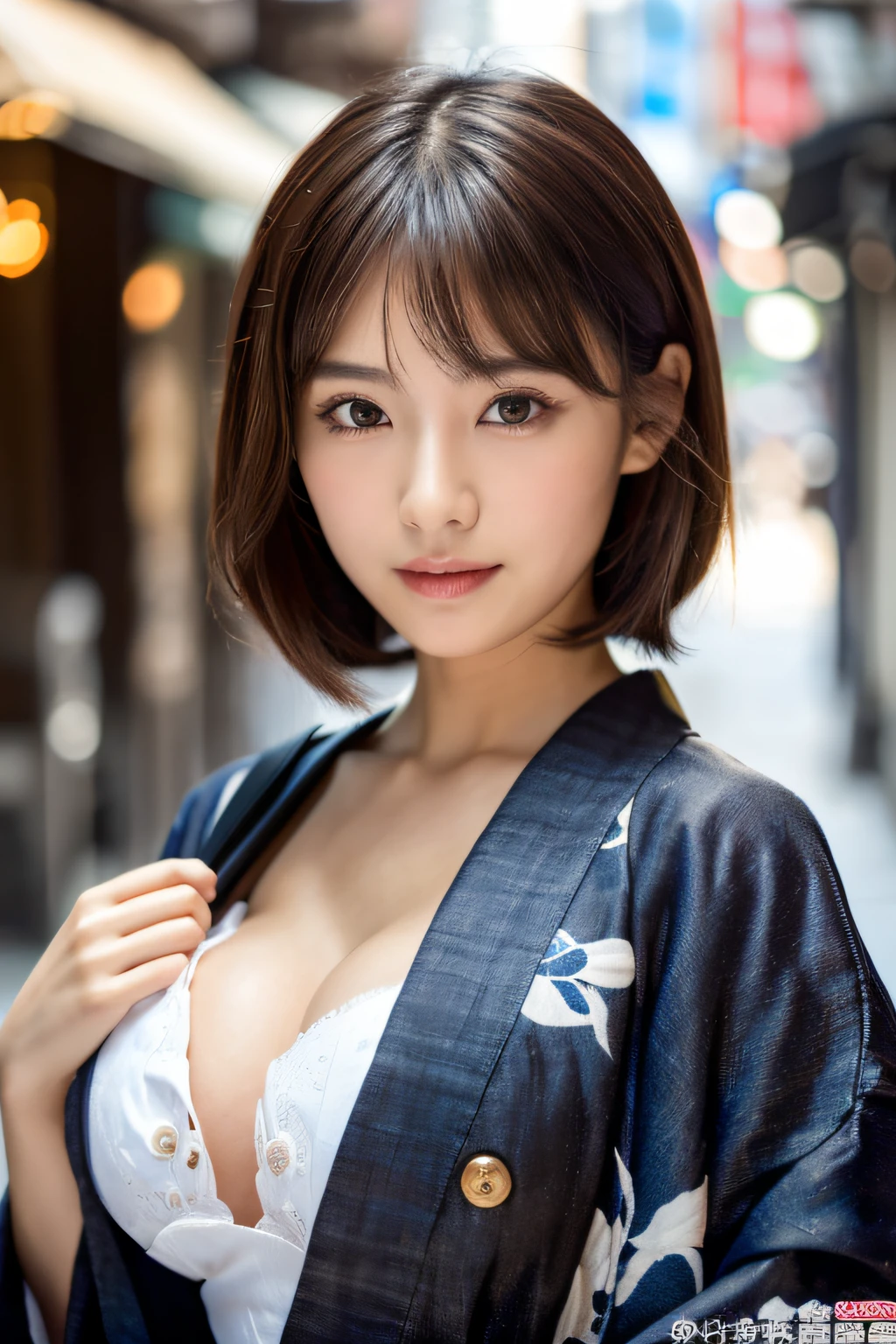 ((top-quality, 8K, masterpiece)), Sharp Focus :1.2, A pretty woman with perfect figure :1.4, Slender Abs :1.2, ((dark brown hair, huge-breasted :1.4)), (wearing white button up shirt, Jean :1.1), City Street:1.2, Highly detailed face and skin texture, Detailed eyes, 二重まぶた,a close up of a woman in a kimono dress posing for a picture, goddess of Japan, Japanese Models, huge tit,Depicts cleavage,oppai, in a kimono, A Japanese Lady,, Seductive Anime Girl,