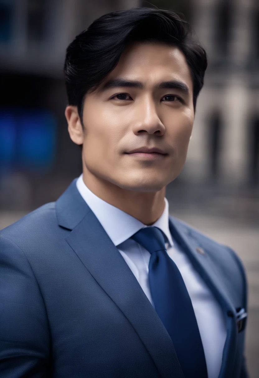 Male news anchor with black hair、Dark blue suit、dark blue tie