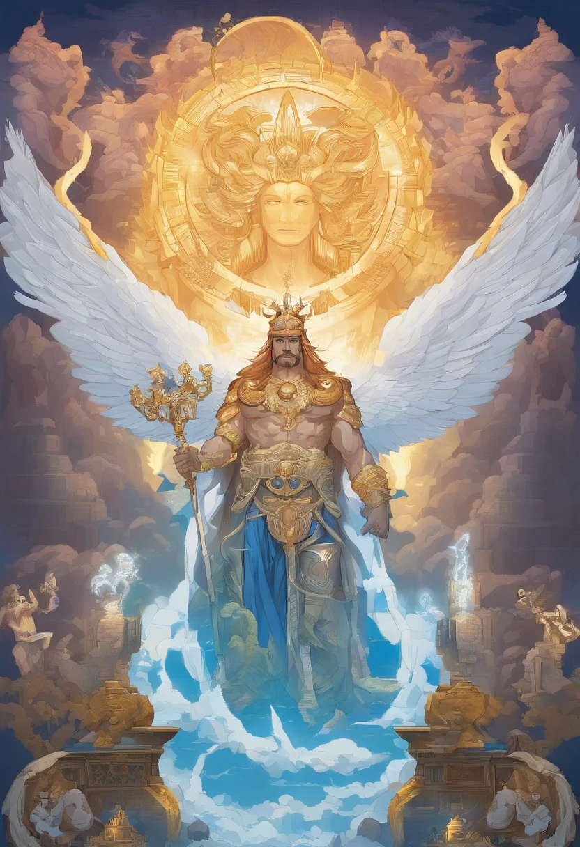 best qualtiy，Hyper-detailing，realisticlying：1.37，sportrait，whaite hair，Zeus with mature faces，[Strong，The cleavage protrudes，musculous]，[wisdom，Powerful，A majestic]，[A deep，sharp sharp eyes]，[A majestic，Flowing beard]，[The cleavage protrudes，defined cheekbones]，[Homem-Imponente，Imperial expression]，[God-like aura]，Stormy weather，thunderclap，mostly cloudy sky，Ancient Greek mythology，God and the divine ruler of mankind，Rule the heavens，[gold crown，Shines with the light of authority]，[Robe，Fluttering in the wind]，[Thunderous sound，Echoes in the sky]，mountain peaks，Olive wreath，Marble Temple，eletric，strength，All-knowing and all-powerful God，Contrasting tones，Dark lines，Subtle color palette，mythological creatures，salama，destructive forces，Nature's wrath，Heavenly，Immortal，Wisdom and justice，Looking down on the mortal world，Instill fear and awe，Father of the gods，brightly、vibrant sky，Holding a scepter，Exudes raw power and dominance，Almighty ruler of Mount Olympus，Very much like a wise and powerful king，The divine light illuminated his existence，Thunderous sound，Roaring like thunder，An aura of overwhelming strength and wisdom，The overall color changes to blue，Standing in the middle of the sea