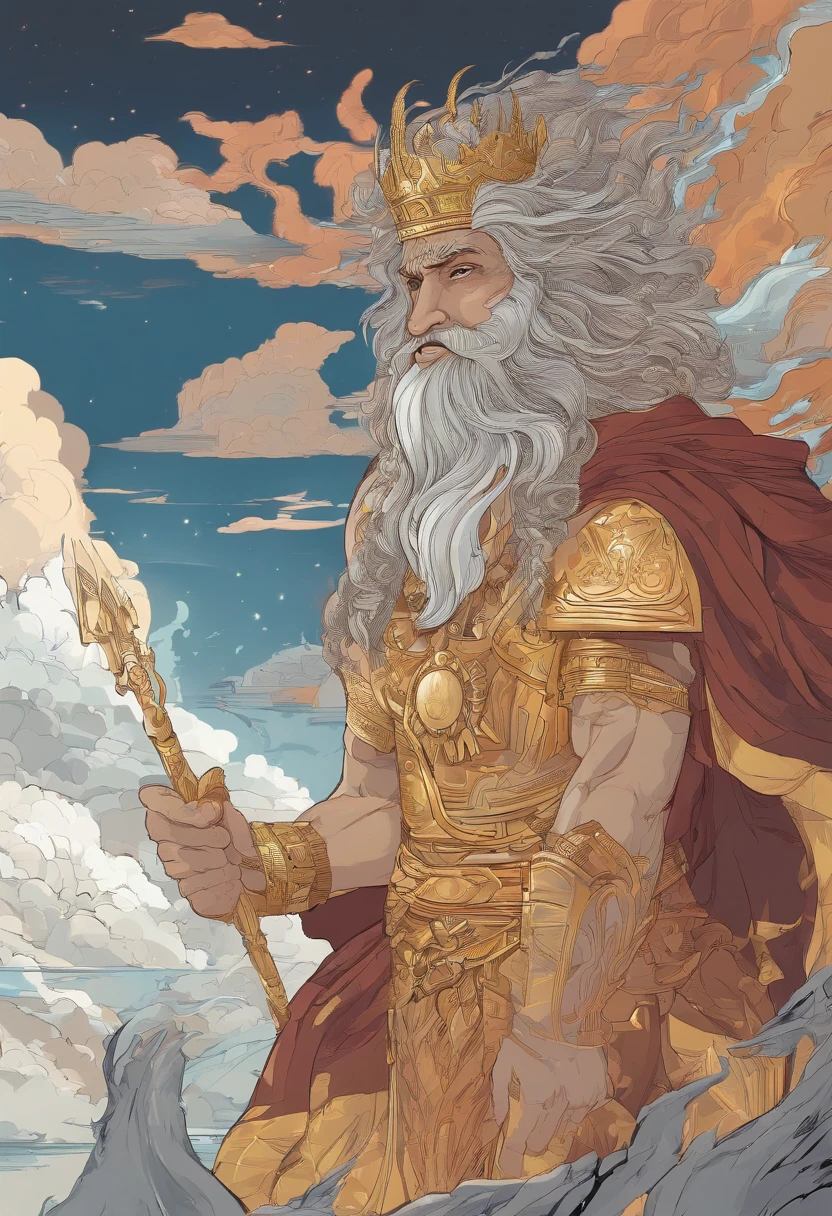 best qualtiy，Hyper-detailing，realisticlying：1.37，sportrait，whaite hair，Zeus with mature faces，[Strong，The cleavage protrudes，musculous]，[wisdom，Powerful，A majestic]，[A deep，sharp sharp eyes]，[A majestic，Flowing beard]，[The cleavage protrudes，defined cheekbones]，[Homem-Imponente，Imperial expression]，[God-like aura]，Stormy weather，thunderclap，mostly cloudy sky，Ancient Greek mythology，God and the divine ruler of mankind，Rule the heavens，[gold crown，Shines with the light of authority]，[Robe，Fluttering in the wind]，[Thunderous sound，Echoes in the sky]，mountain peaks，Olive wreath，Marble Temple，eletric，strength，All-knowing and all-powerful God，Contrasting tones，Dark lines，Subtle color palette，mythological creatures，salama，destructive forces，Nature's wrath，Heavenly，Immortal，Wisdom and justice，Looking down on the mortal world，Instill fear and awe，Father of the gods，brightly、vibrant sky，Holding a scepter，Exudes raw power and dominance，Almighty ruler of Mount Olympus，Very much like a wise and powerful king，The divine light illuminated his existence，Thunderous sound，Roaring like thunder，An aura of overwhelming strength and wisdom，The overall color changes to blue，Standing in the middle of the sea