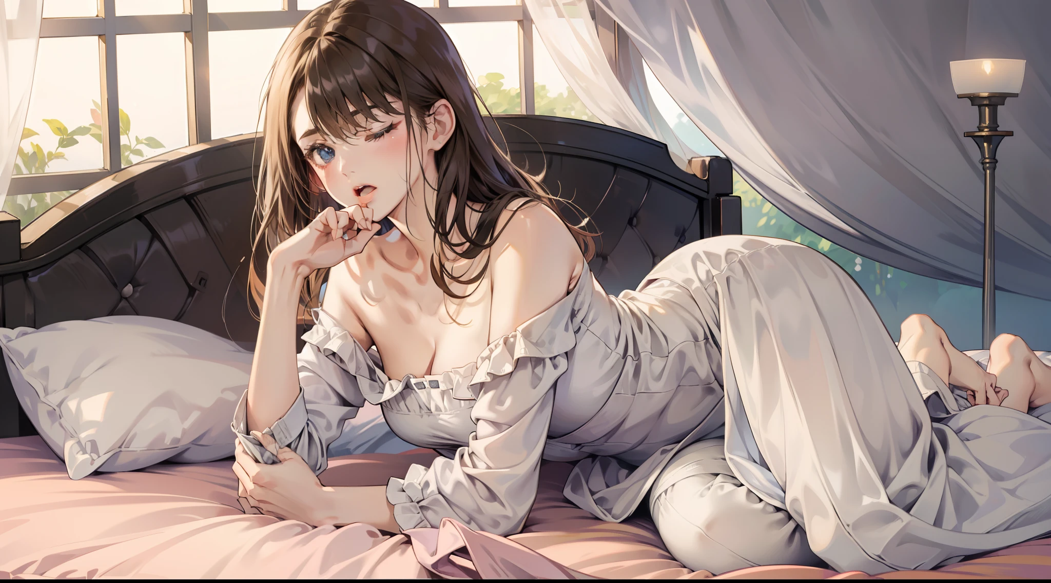 Best Quality, Masterpiece, Ultra High Quality, (Photo Real: 1.4), Cowboy Shot,
"Girl wrapped in bed sheets.",
"She wears nothing.",
"She covers her mouth with her hands,
BREAK、
Beautiful girl, Long hair, disheveled hair, (sleepy:1.2), Bangs, Medium breasts, Shapely breasts, (bed sheets:1.3), (Yawn: 1.2), off-shoulder,