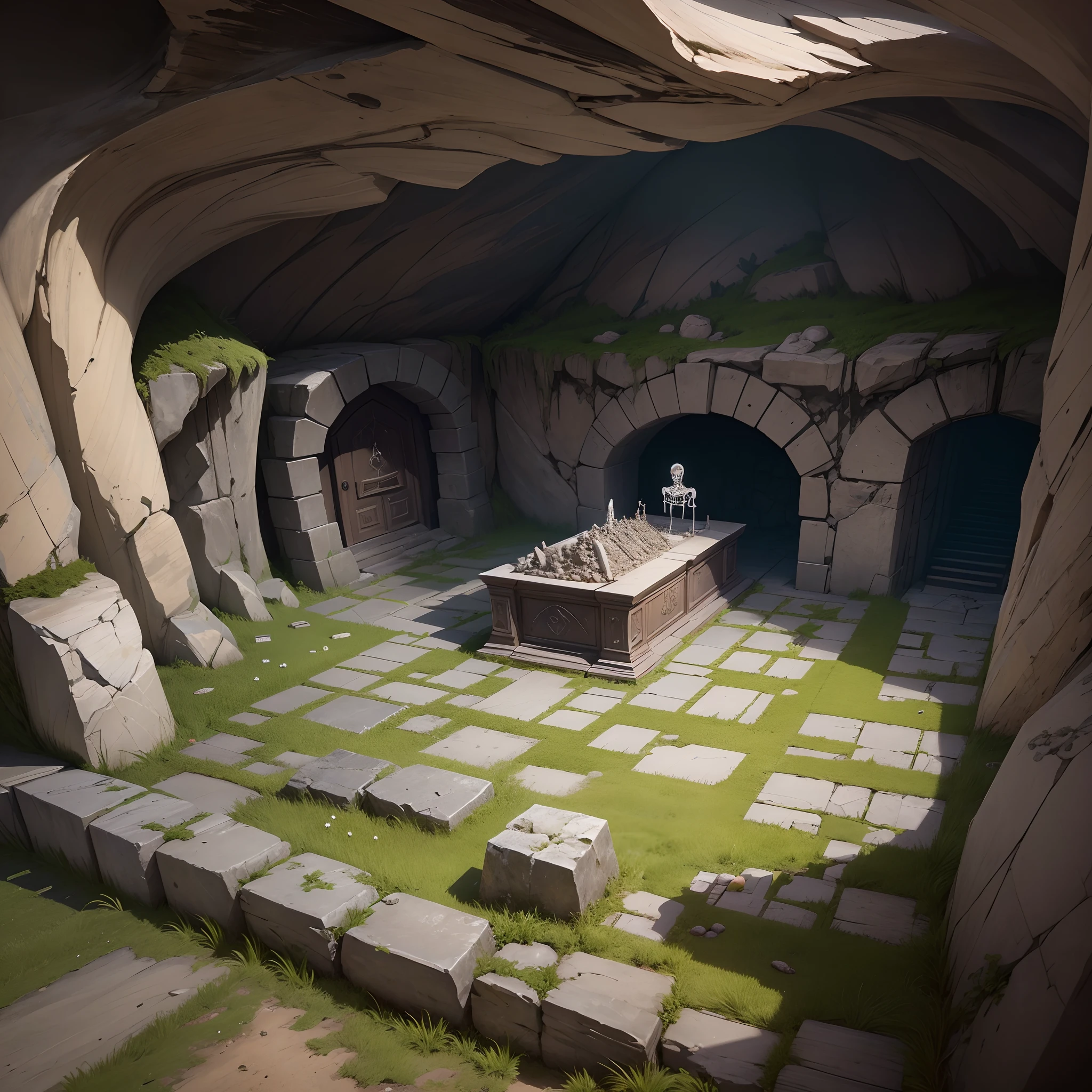 imagine a Rocky cave tomb of a viking squad with a burial chamber inside, lot of skeleton have a board with letters in the order V, I, K, I, N, G, 👽 T, A, L, E --auto --s2