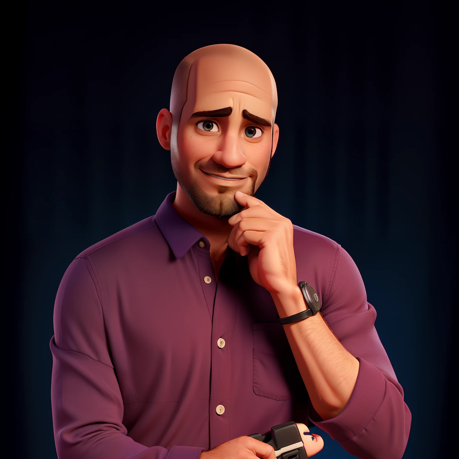 um homem careca de 34 anos, charmoso, de olhos castanhos semi cerrados, Illuminated on the front and with a dark blue backdrop on the back