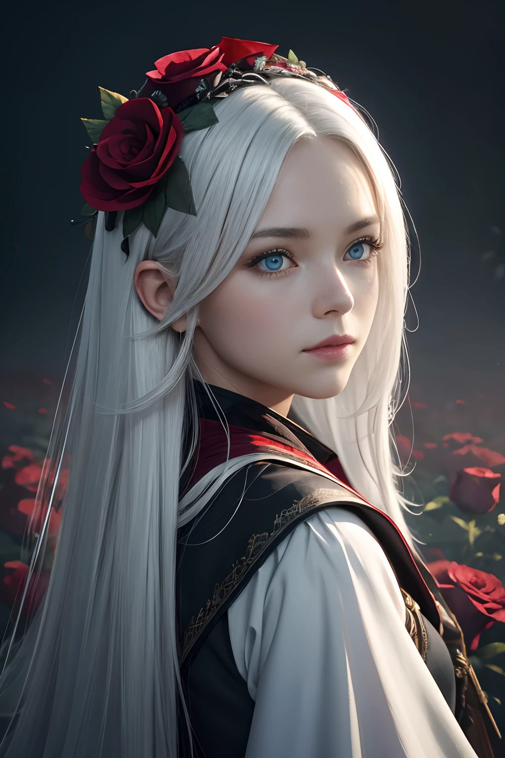 1girl in,Solo,1girl in,Solo,((Beautiful detailed eyes)), (Detailed light),depth of fields,(White hair),Silver eyes,Hair over one eye,(Red flower ), Hair Flower,Long hair,Black cloak,Wet,deadpan,Looking back,Night,starfall,Sateen,Fog,Red flowers fall,sketch,Upper body,intense shadow,
