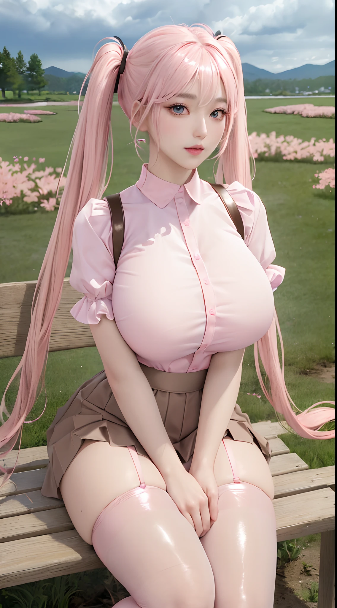 RAW, 1girl, solo, colorful, (masterpiece, best quality:1.3), (absurdres:1.3), (photorealistic:1.3), (detailed skin:1.3, detailed face:1.3), sitting, looking at viewer,
sharp focus, delicate, (beautiful cute korean_girl:1.3), (ulzzang-6500:0.2),
(huge breasts:1.3, thick thighs:1.2, narrow :1.1),
(shiny skin:1.4), light smile,
(Pink_very_long_twintails:1.3),(big_eyes:1.2, blue_eyes), (brown_gloss_eyeshadow:1.2), pink_lips,
Red frilled shirt, beige_suspender skirt / black_pantyhose,
willow, wooden bench, flower, grass, lake, (cloudy sky:1.3), (rain:0.5), blossom garden