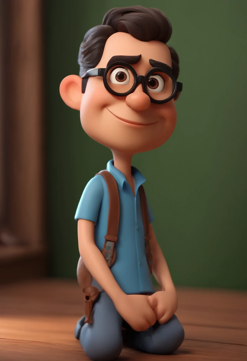 Cartoon character of a man wearing black glasses and a blue shirt, um personagem animado, Caractere estilizado, animation style rendering, 3D estilizado, Arnold Maya render, 3 d render stylized, toon render keyshot, Personagem 3D, Personagem 3D, 3d rendering stylized, 3 d character render, personagem de desenho animado, Personagem de close up, Pose de personagem, (Estilo Pixar) (master part:1.2) (Bokeh) (best quality) (pele detalhada) (textura detalhada) (8k) (argila) (Cinematic lighting) (foco nítido,Senta e vaza a parte superior do corpo