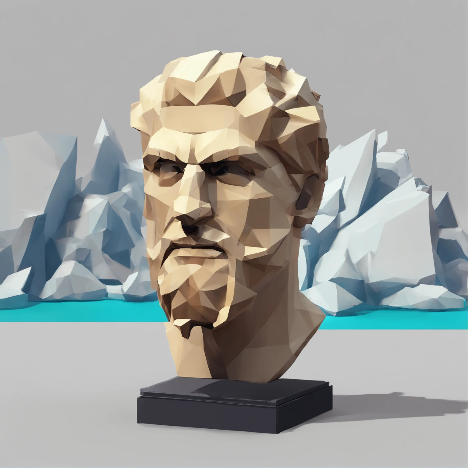 Floating poly Greek bust made to look like a post-apocalyptic land ravaged by biohazards and toxins.