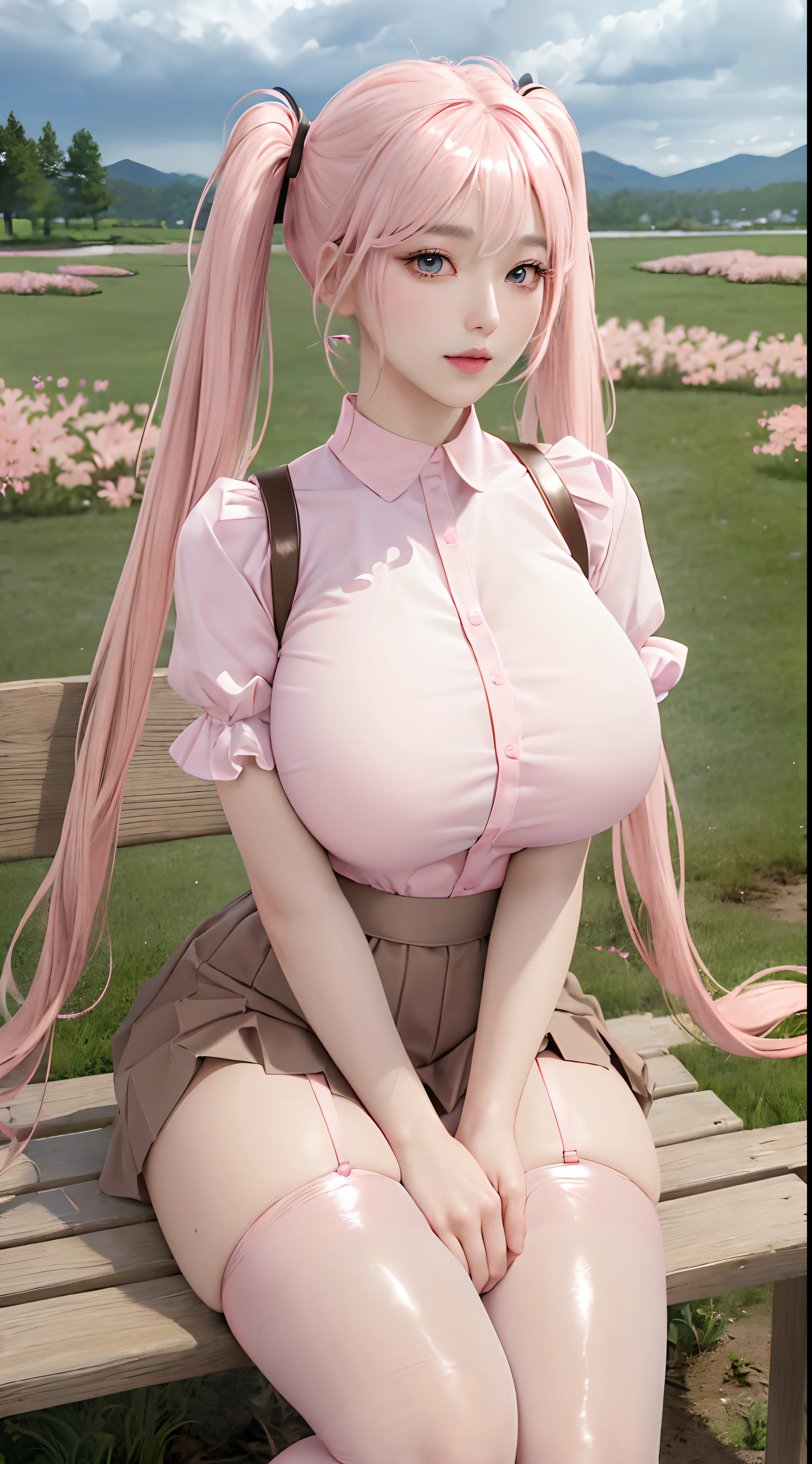 RAW, 1girl, solo, colorful, (masterpiece, best quality:1.3), (absurdres:1.3), (photorealistic:1.3), (detailed skin:1.3, detailed face:1.3), sitting, looking at viewer,
sharp focus, delicate, (beautiful cute korean_girl:1.3), (ulzzang-6500:0.2),
(huge breasts:1.3, thick thighs:1.2, narrow :1.1),
(shiny skin:1.4), light smile,
(Pink_very_long_twintails:1.3),(big_eyes:1.2, blue_eyes), (brown_gloss_eyeshadow:1.2), pink_lips,
Red frilled shirt, beige_suspender skirt / black_pantyhose,
willow, wooden bench, flower, grass, lake, (cloudy sky:1.3), (rain:0.5), blossom garden