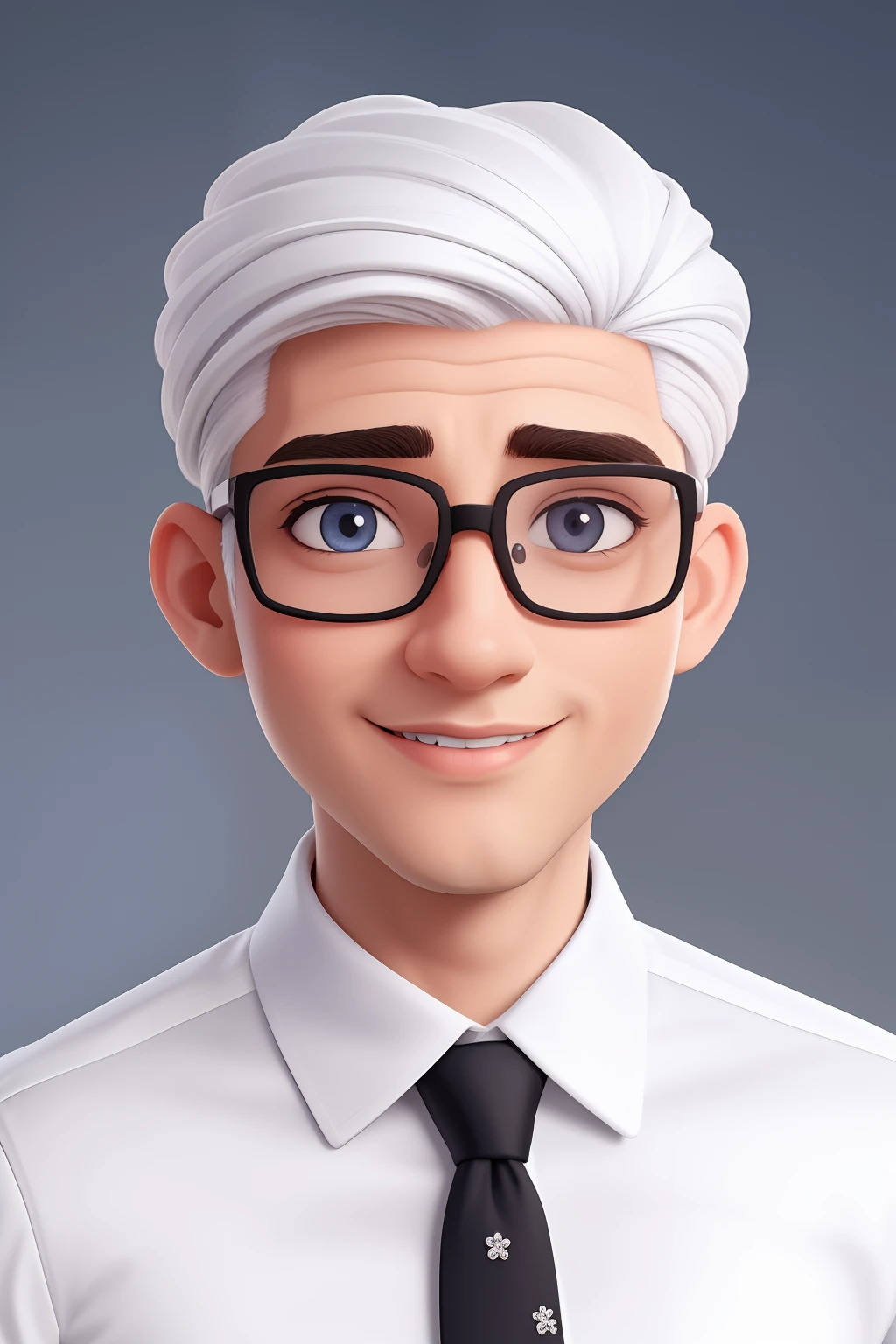 Um homem de 30 anos, com cabelos castanhos curtos,face de diamante, olhar rigoroso, e olhos castanhos, Wearing white white shirt with tie and glasses.