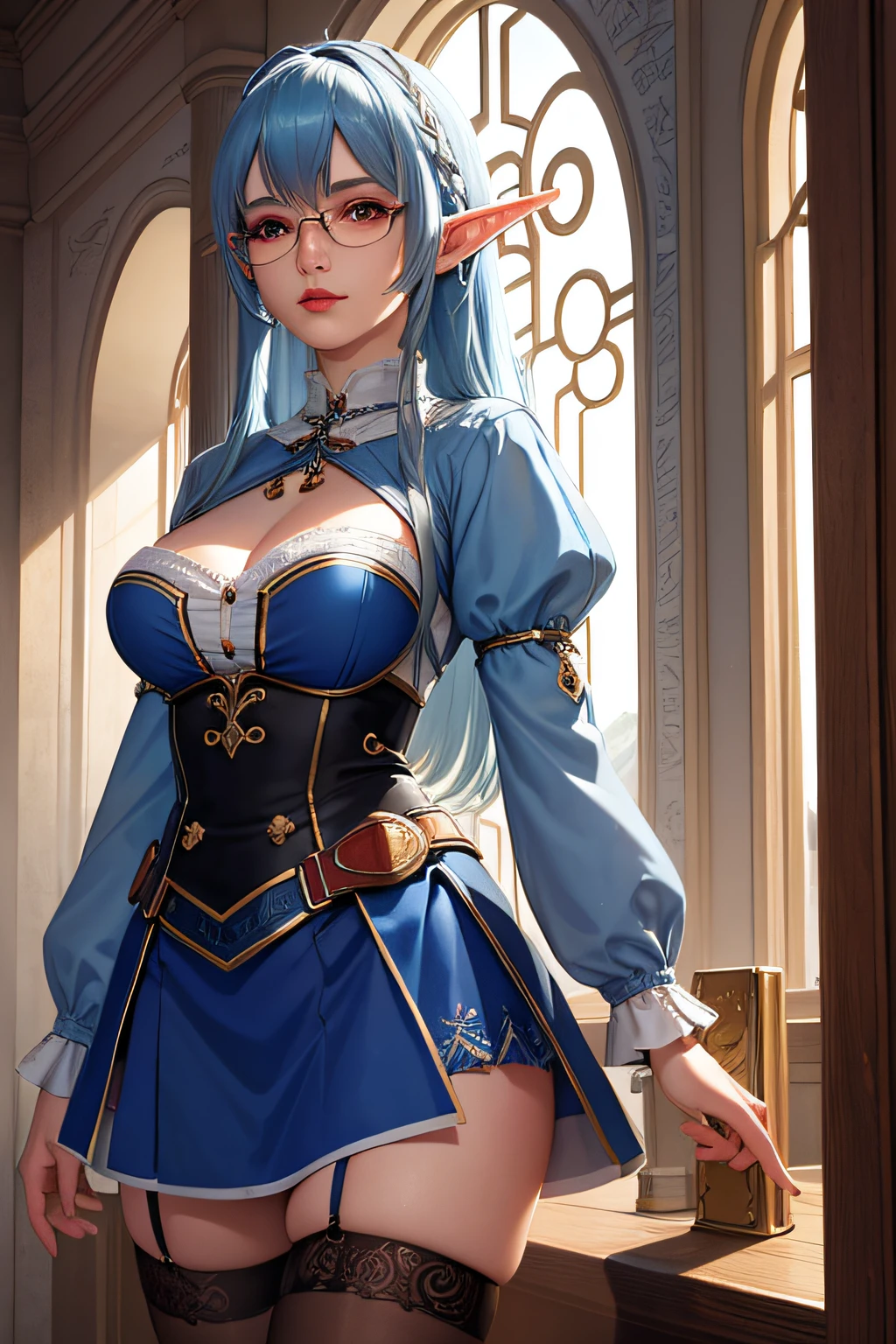 (((masterpiece))), (((best quality))), ((ultra-detailed)), (highly detailed CG illustration), ((an extremely delicate and beautiful)),cinematic light,((blue haired elf girl)),solo,(cowboy shot:1.2),(glasses),((stockings)),(pale skin),(red lips),((miniskirt)),expressionless,(red eyes),(mage outfit),(character focus),fantasy,extreme detailed,colorful,highest detailed, loongs,fengs,background,