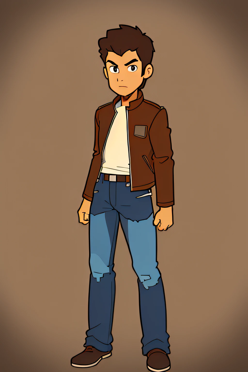 (best quality:1.2), (detailed:1.2), male, brown leather jacket, broad shoulders, jeans, solo, male focus, looking at viewer, absurdres, concept art