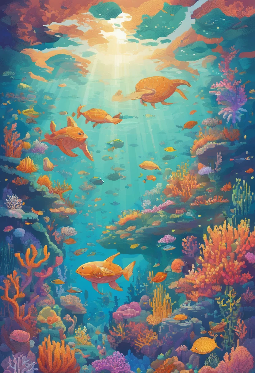 Illustration of marine culture, Vibrant colors, Detailed waves, Diverse marine life, Colorful coral reefs, Underwater adventure, Naughty dolphins, Elegant turtles, Exotic fish, Tropical paradise, shining sun, Dynamic underwater scenes, Hand-painted masterpieces, Realistic textures, immersive experience, breathtaking beauty, Expansive ocean views, Intricate shell patterns, Intricate details, Engaging storytelling, A vibrant marine ecosystem, sparkling blue water, Vibrant underwater flora, Mysterious underwater creatures, Whimsical mermaids, Tranquil ocean scenery, A tranquil underwater world, Artistic expression, Imaginative interpretation, Rich biodiversity, Underwater exploration, A vibrant marine palette, Lively maritime vibe, Immersive visual journey, A vibrant kingdom of the sea, Ethereal underwater atmosphere, Happy sea creatures, Intricate illustrations of the ocean.