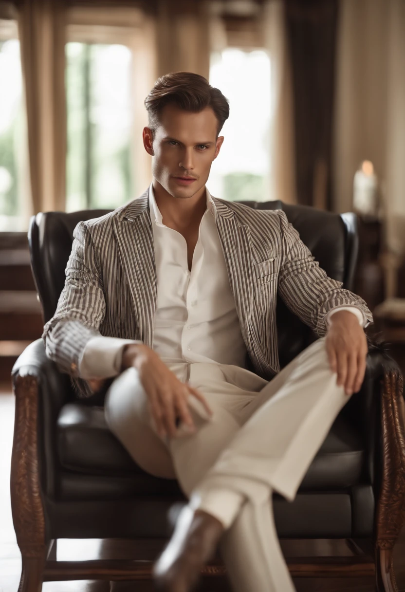 A young man,Handsome,well-muscled,Hairy body,white sock,viet nam guy,Ultra-thin tights(Detailed eyes:1.3),Naked topless,Nudity Everywhere,Black eyes,massive bulge,Black hairs protruding from the bulge,full body Esbian,Character sitting on a chair with arms raised, Dark hair (neck-length hair tied in a ponytail,), Nice Pose, Handsome man, Pretty Face, royal elegant pose, businessman, (In a striped blazer), (The surrounding environment is a luxurious and classic living room) (Sandtone imagery) Alexander Skarsgård face lookalike, Filip Lamprecht face lookalike, ultra realistic,