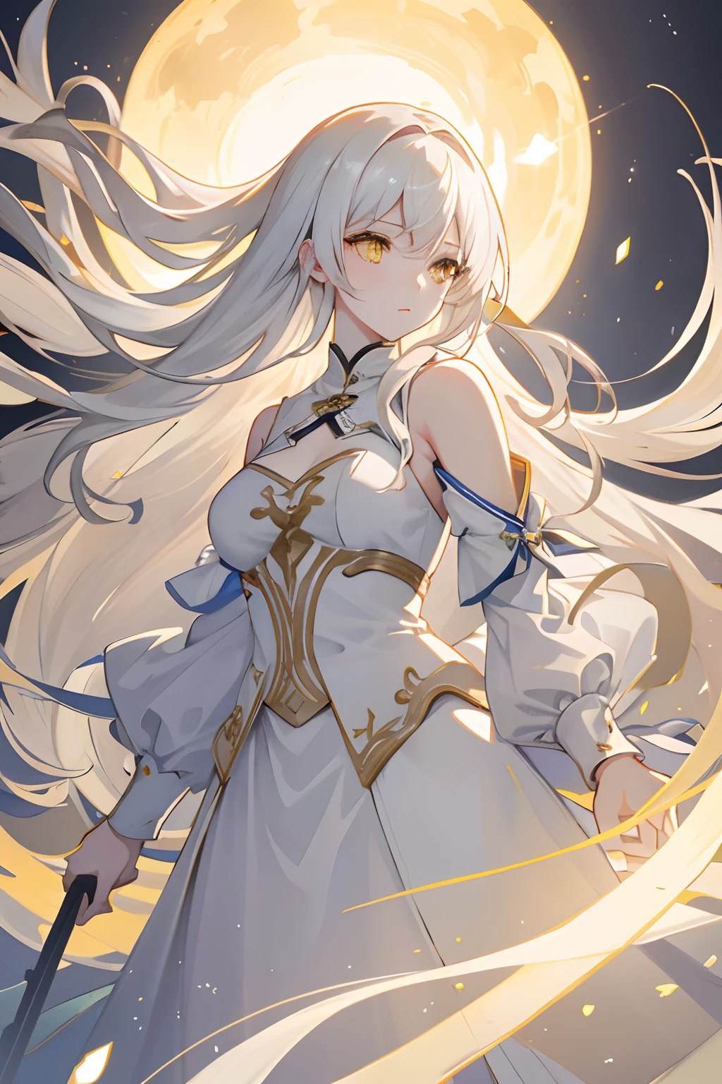 an extremely delicate and beautiful CG illustration, best quality, high resolution, dynamic angle, full-length shot, (1girl), yellow eyes and straight long white hair, floating, soft light, high-key lighting)