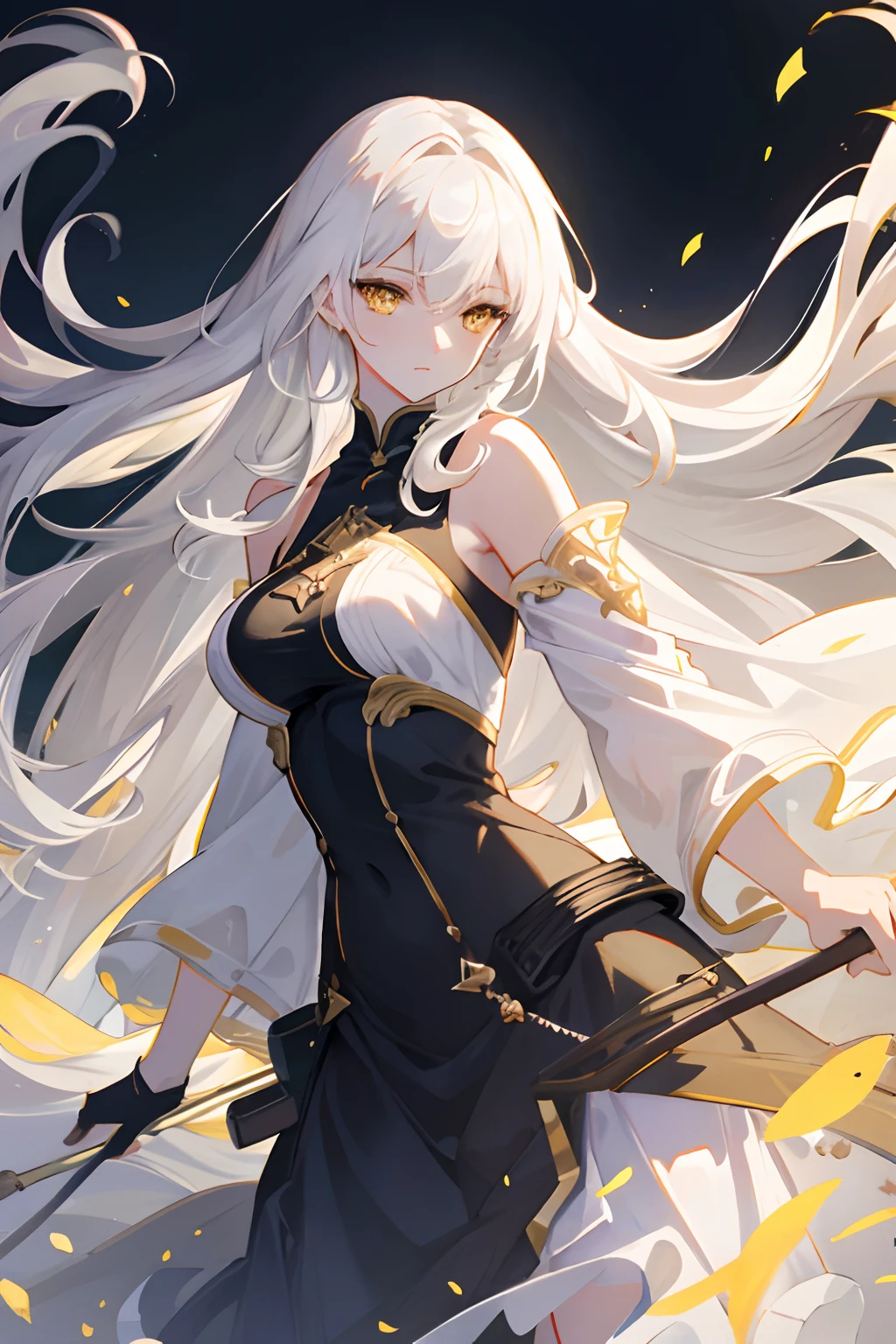 an extremely delicate and beautiful CG illustration, best quality, high resolution, dynamic angle, full-length shot, (1girl), yellow eyes and straight long white hair, floating, soft light, high-key lighting)