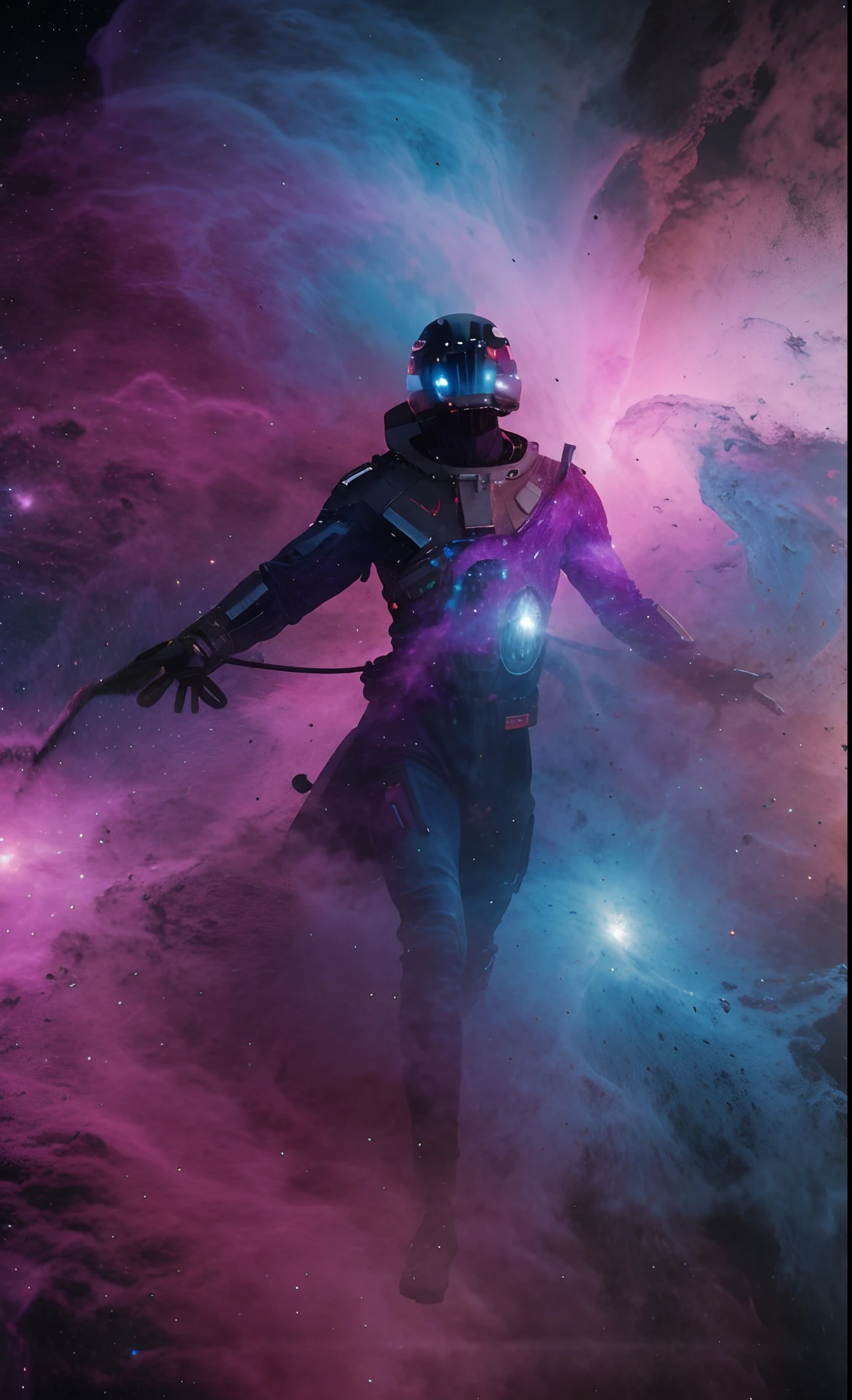 Man floating in space, nebula, colorful, 8k, hyper realistic, ultra HD