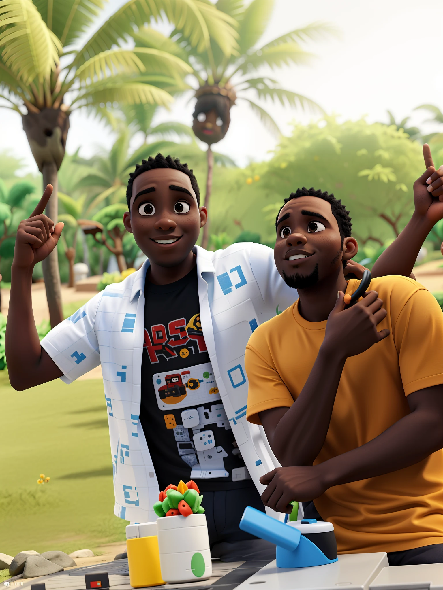 Imagem estilo pixel, dois primos negros se divertindo num jardim, alta qualidade, melhor qualidade