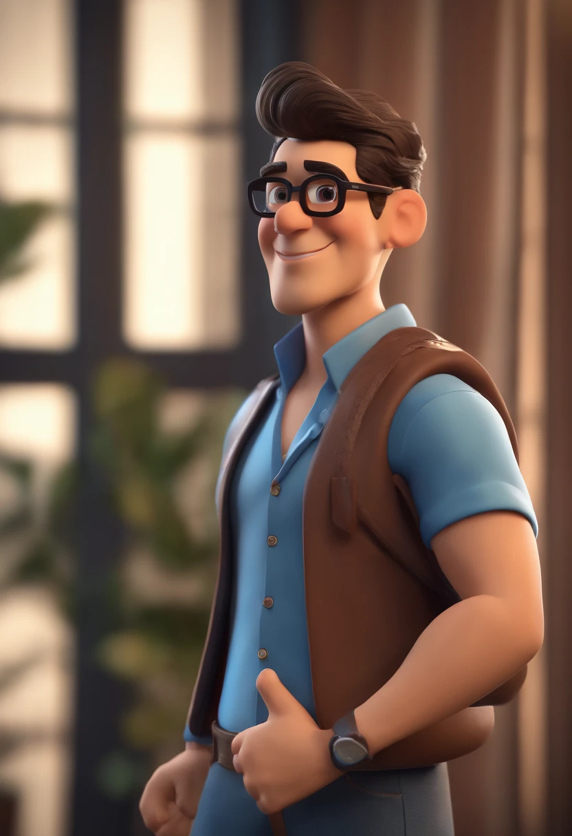Cartoon character of a man wearing black glasses and a blue shirt, um personagem animado, Caractere estilizado, animation style rendering, 3D estilizado, Arnold Maya render, 3 d render stylized, toon render keyshot, Personagem 3D, Personagem 3D, 3d rendering stylized, 3 d character render, personagem de desenho animado, Personagem de close up, Pose de personagem, (Estilo Pixar) (master part:1.2) (Bokeh) (best quality) (pele detalhada) (textura detalhada) (8k) (argila) (Cinematic lighting) (foco nítido，Senta e vaza a parte superior do corpo