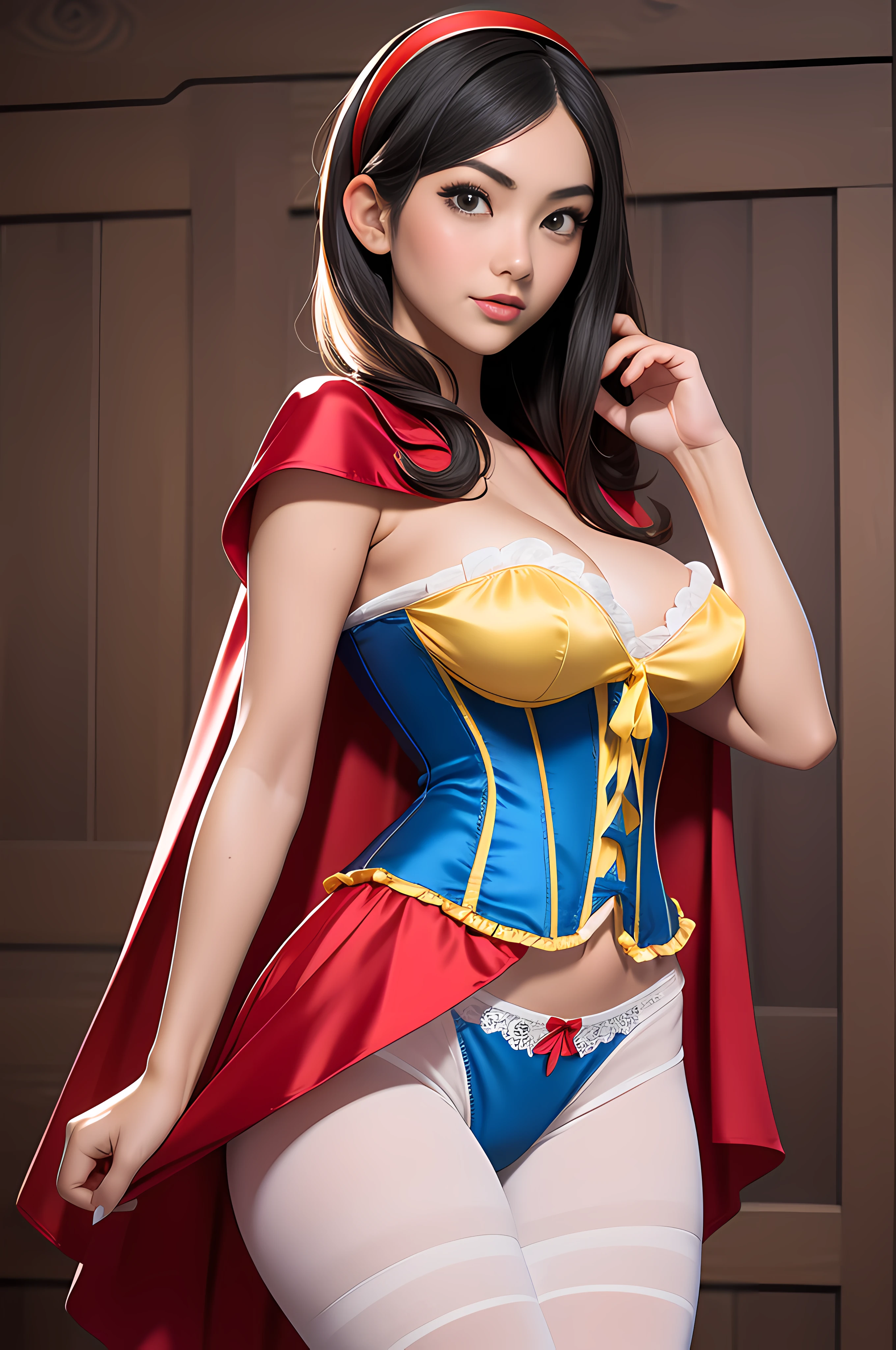 Beautiful Japanese 18 year old woman, wearing snow white cosplay, blue silk corset, red silk cape, yellow silk pleated skater skirt, white leggings, black bob hair, red hairband, white panties, touching panties, silk panties, hands on self, large breasts, touching panties, masterpiece, photorealistic, amazing detailed face,