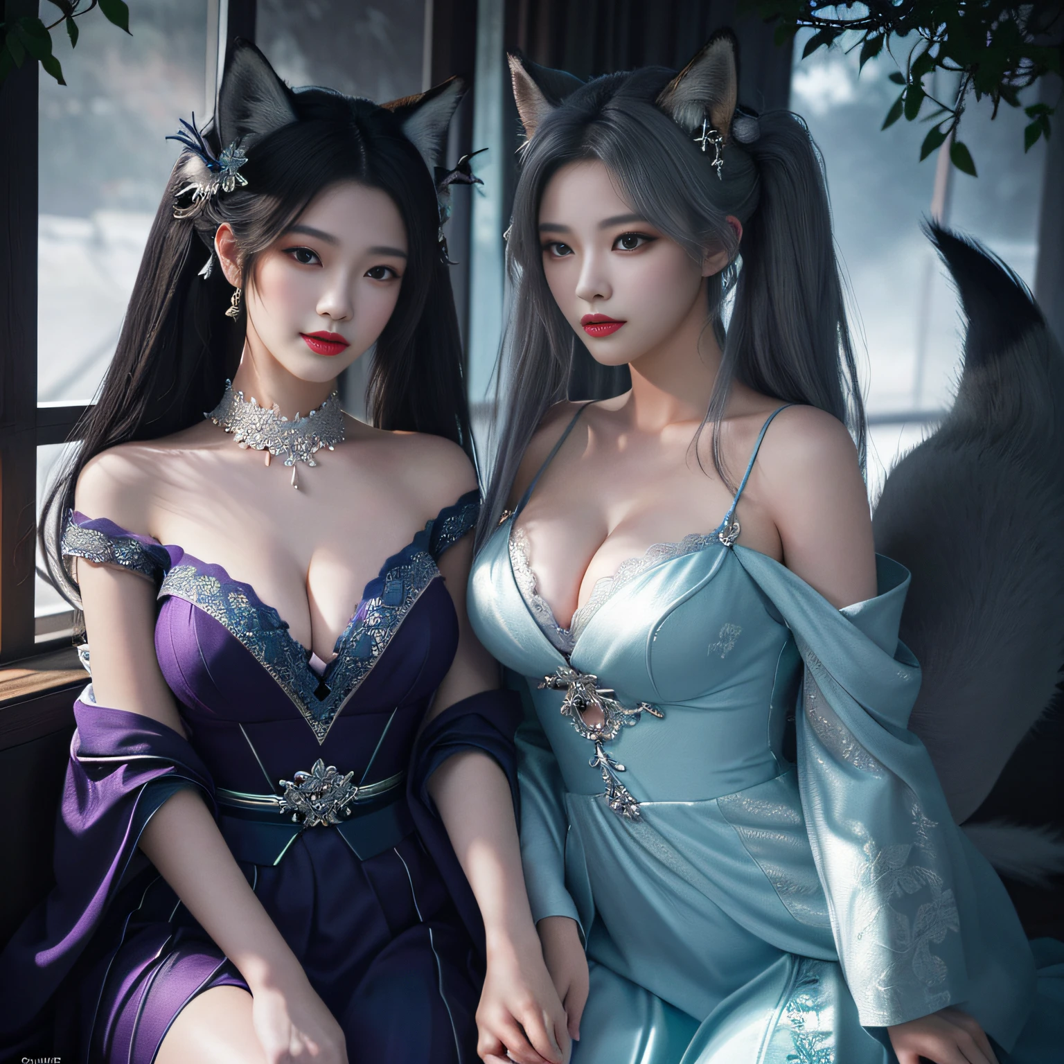 great laughter、Puffy shoulder dresses,17 age, 2girls, Beautiful breasts, Beautiful , Twintail hairstyles,,(tmasterpiece:1.2),beautifuldetails,highly colorful,exquisitedetails,The delicate face of,eyes with brightness,The details are complex,Realiy,Ultra photo realsisim,A very beautiful girl and a gray-haired fox sat on a branch:1.1,Large breasts,Raised sexy,seductiv,Ethereal fox,Nine-Tailed Fox,Fox three-tailed fox,onmyoji detailed art,Nine Tails,a beautiful artwork illustration,a mythical creature,Red fox,beautiful digital works of art,Exquisite digital illustration,Mizutsune , Inspired by the mythical creature Wild Net,digital art on pixiv,strong lights,highly contrast,Horror movie themes,Dark atmosphere,The art of fine arts,Perfect visual composition。