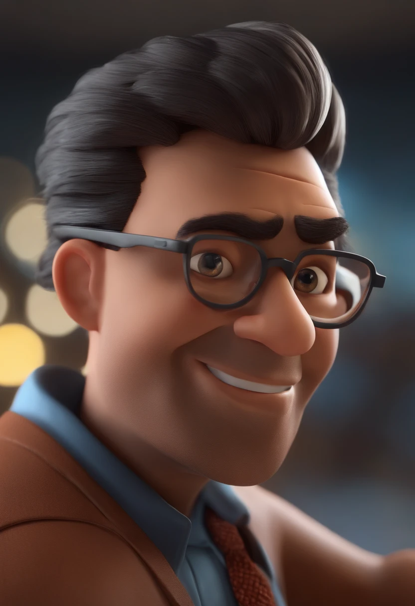 Cartoon character of a man with black glasses, cabelo cacheado marrom escuro e uma camisa azul, animation character, Caractere estilizado, animation style rendering, 3D estilizado, Arnold Maya render, 3 d render stylized, toon render keyshot, Personagem 3D, Personagem 3D, 3d rendering stylized, 3 d character render, personagem de desenho animado, Personagem de close up, Pose de personagem, (Estilo Pixar) (master part:1.2) (Bokeh) (best quality) (pele detalhada) (textura detalhada) (8k) (argila) (Cinematic lighting) (foco nítido