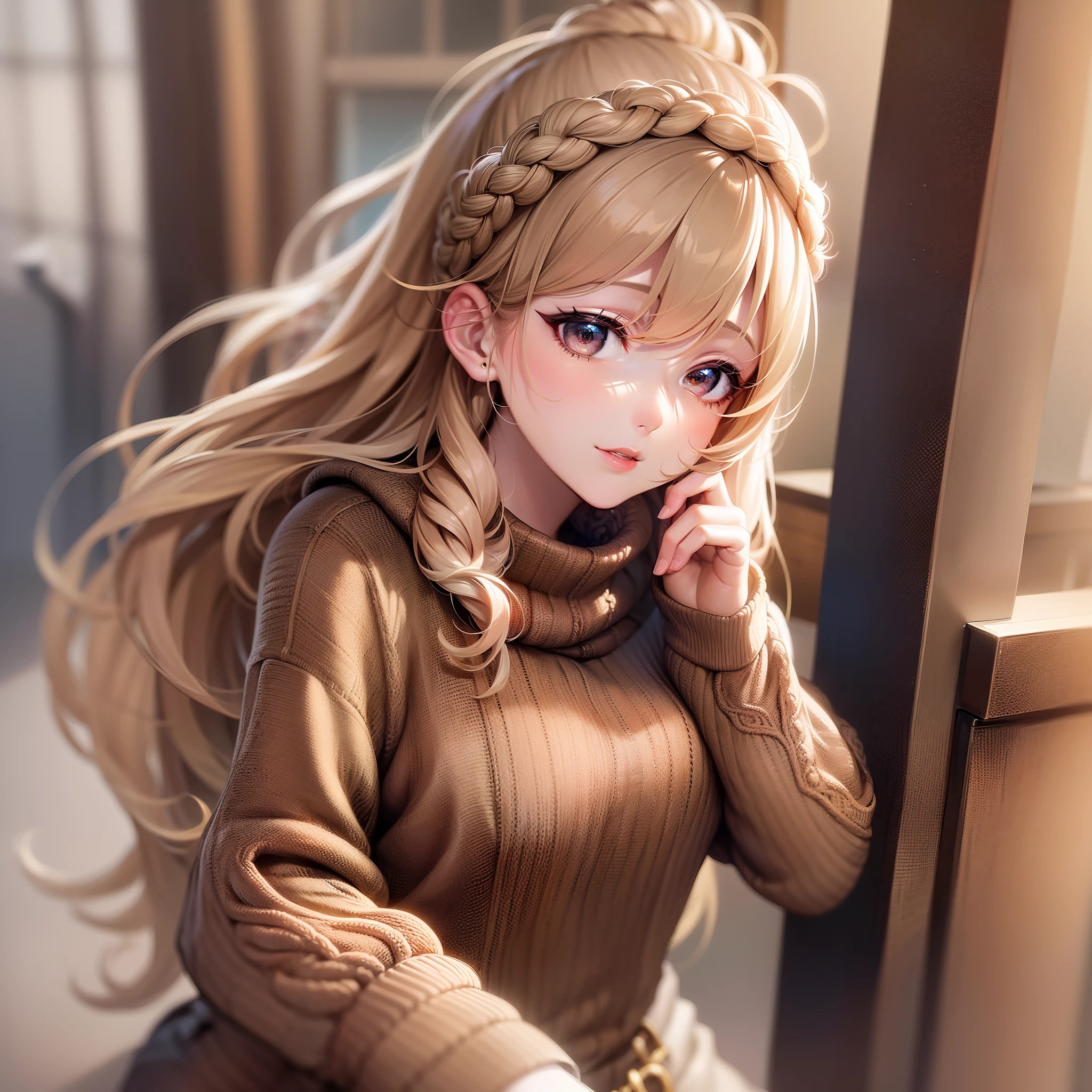 (Highly detailed CG Unity 8k wallpaper, masterpiece, top quality) (hands of perfect proportions with one thumb and four fingers) (adult woman in her early twenties wearing a knitted sweater with precision knitting) (clean body line) Pretty face Shiny light brown eyes staring at viewer (realistic brown boots) Hiki composition