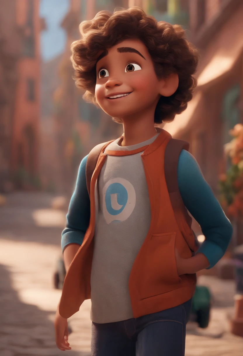 Image of a boy for a story in a YouTube video in Pixar format, He's the  allabester, He's the class leader, He's outgoing, Playful and gets up for a lot of things, cabelo curto