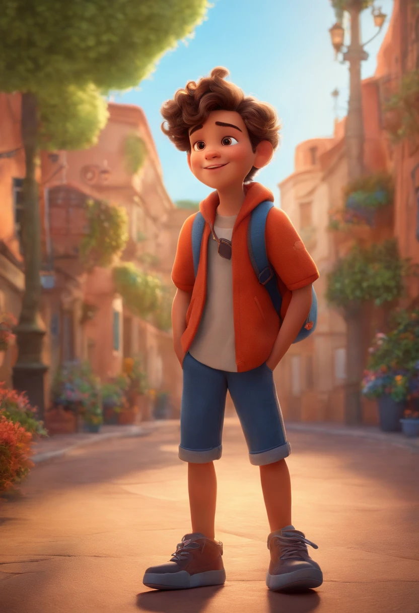 Image of a boy for a story in a YouTube video in Pixar format, He's the little allabester, He's the class leader, He's outgoing, Playful and gets up for a lot of things, cabelo curto