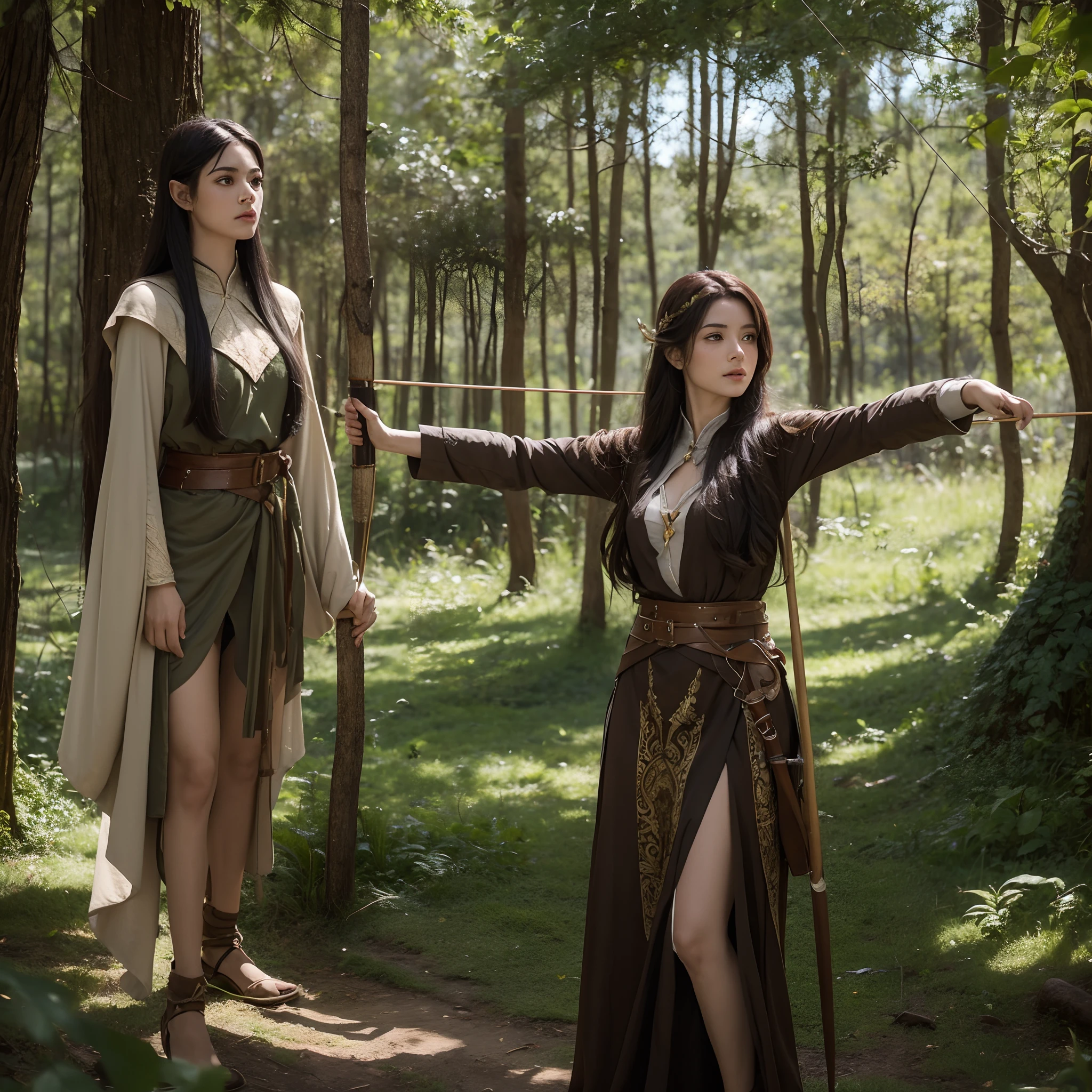 Female archers,The Western Fantasy Elven Race,Cartoon comic style,Woods scene