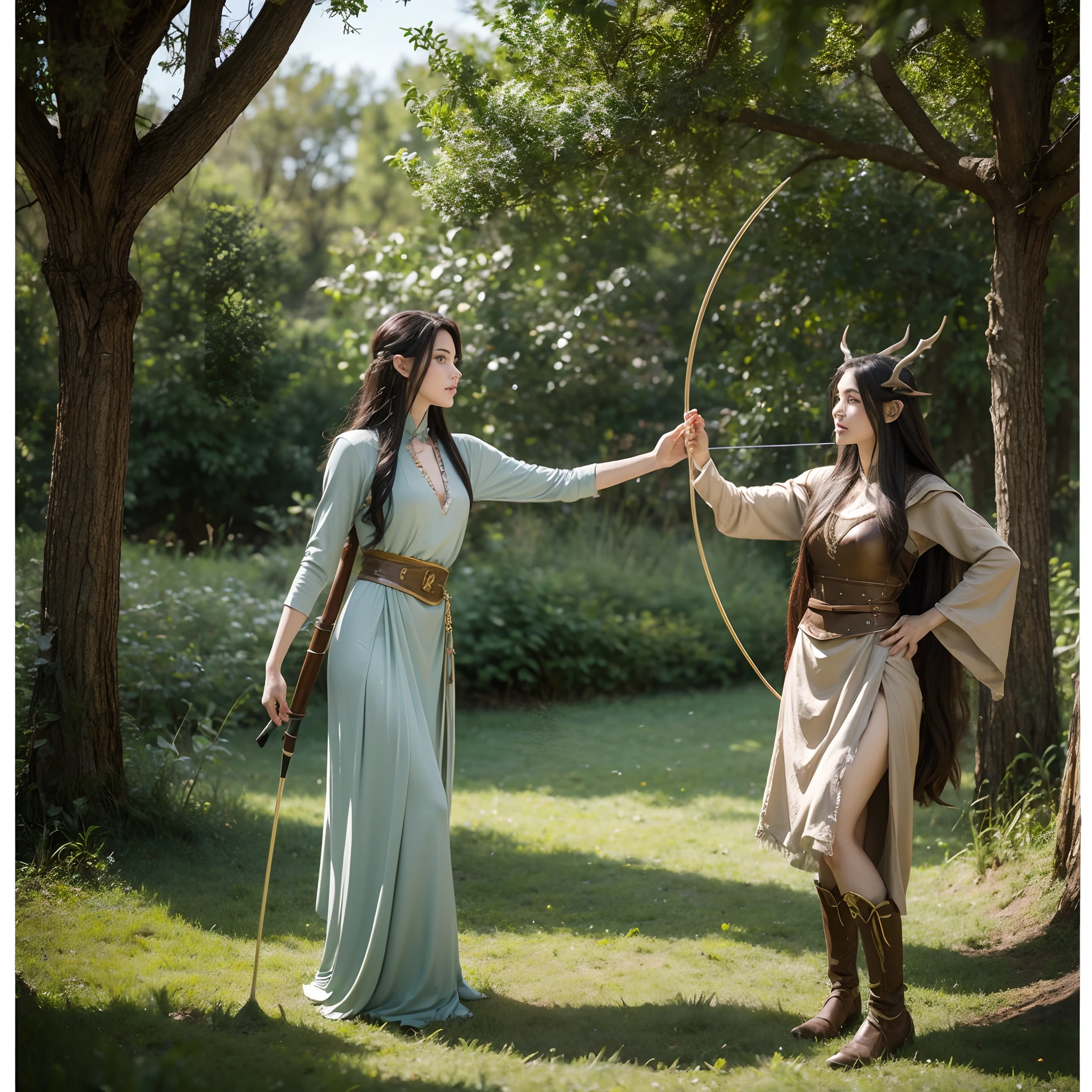 Female archers,The Western Fantasy Elven Race,Cartoon comic style,Woods scene
