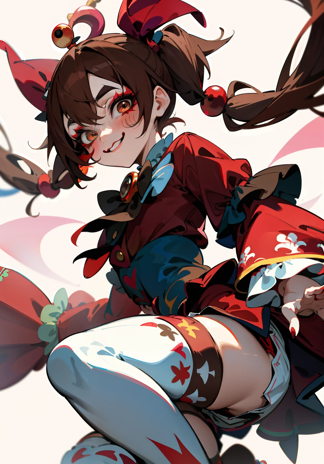 1GIRL, insane clown girl, finely detailed, (best quality), (intricate details), cute style, li, jester style, multicolored, circus background with red curtains, place on fire hell, ((long brown hair in pigtails)), best quality, ((long sleeve shirt and shorts)), ((red and white clothes)), ((jester style clothes)), ((thigh high socks)), ((round eyes)), ((has jester makeup)), beautiful face, happy, cute face, pinup, perfect face, simple background portrait