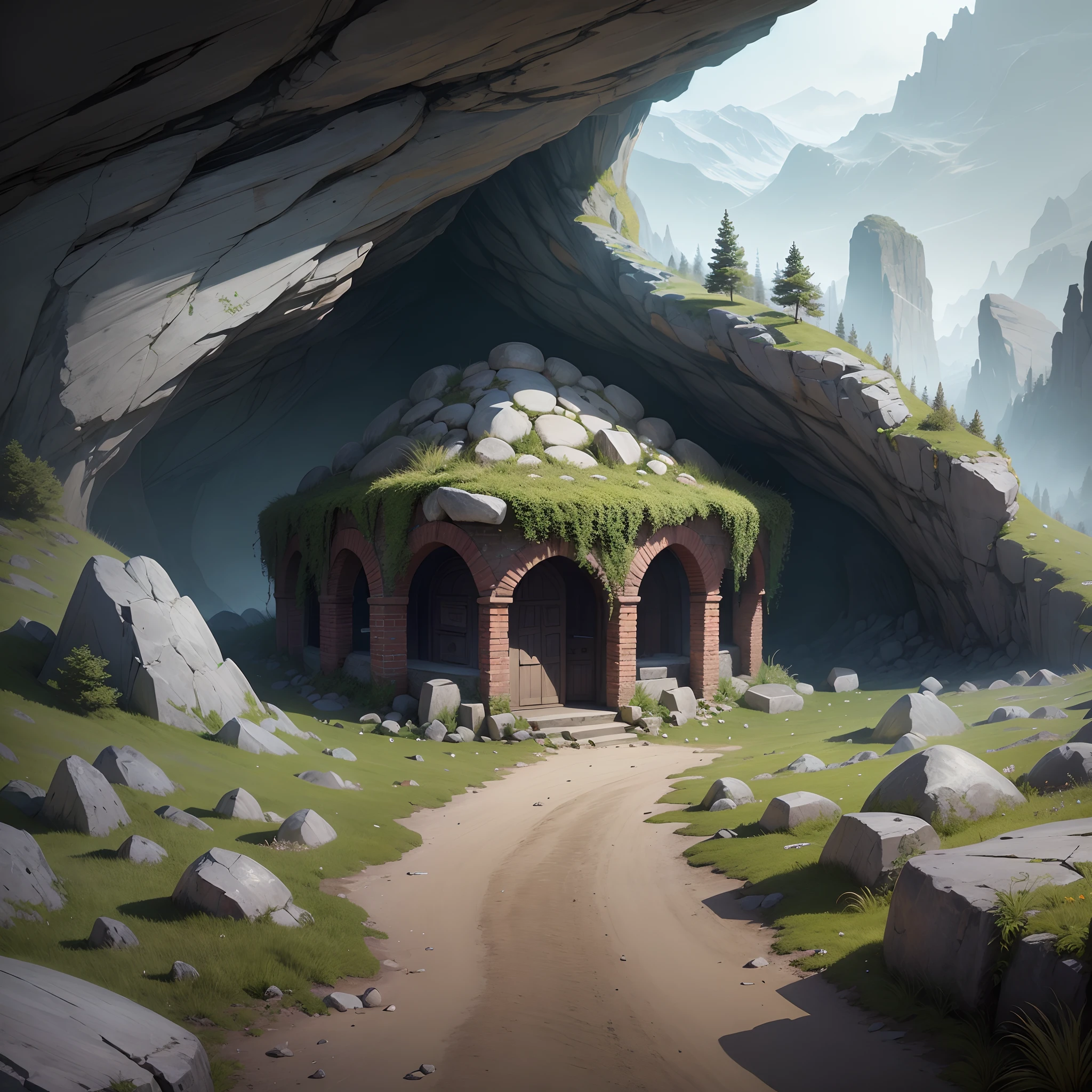 imagine a Rocky cave tomb of a viking squad with a burial chamber inside, lot of skeleton have a board with letters in the order V, I, K, I, N, G, 👽 T, A, L, E --auto --s2